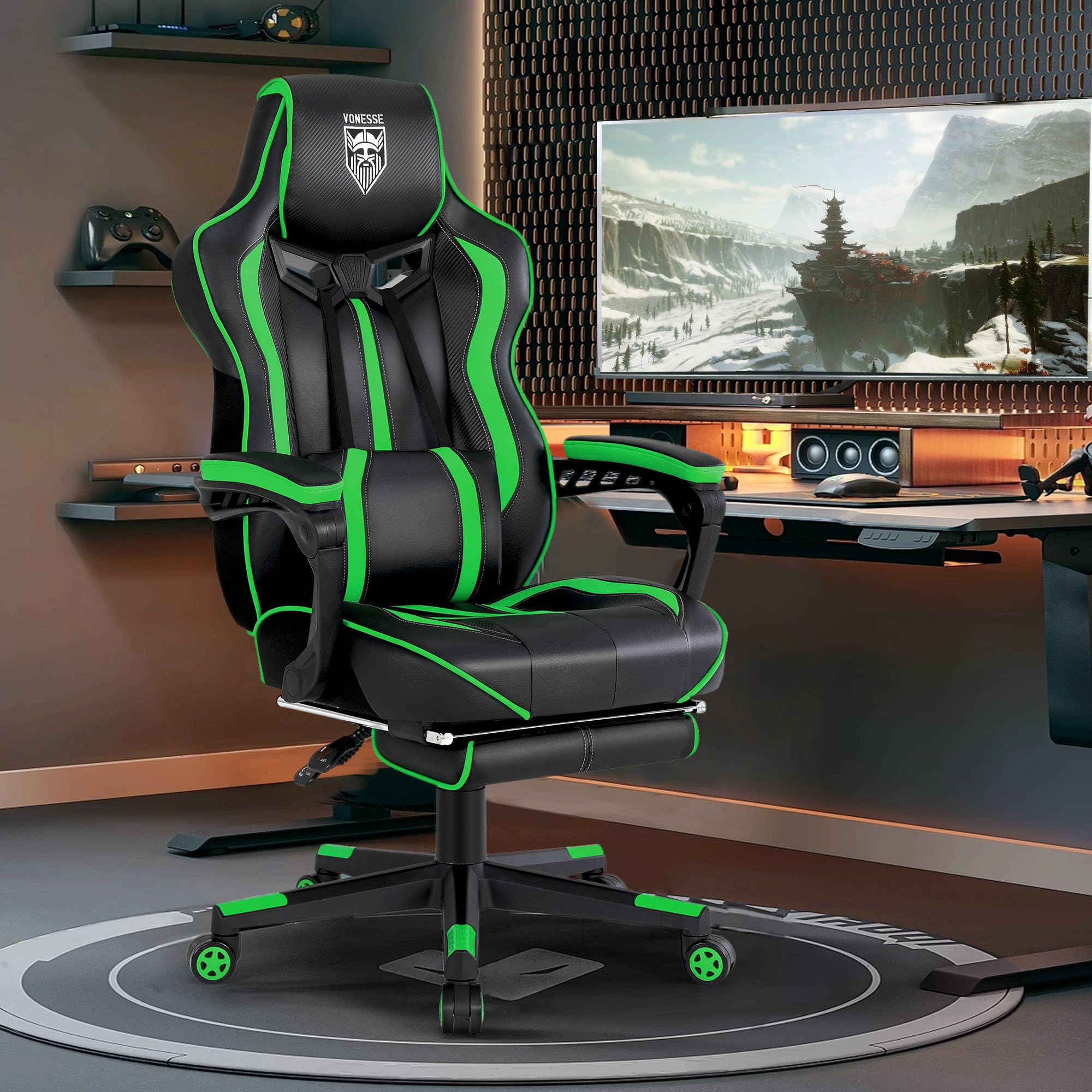 Vonesse Ergonomic Gaming Chair with Adjustable Footrest & Lumbar Massage - Big and Tall Reclining Computer Game Chair for Adults & Teens - High Back Video Gaming Chair for Office & Home (Green/Black) - Perfect for Esports, Streaming & Long Gaming Sessions