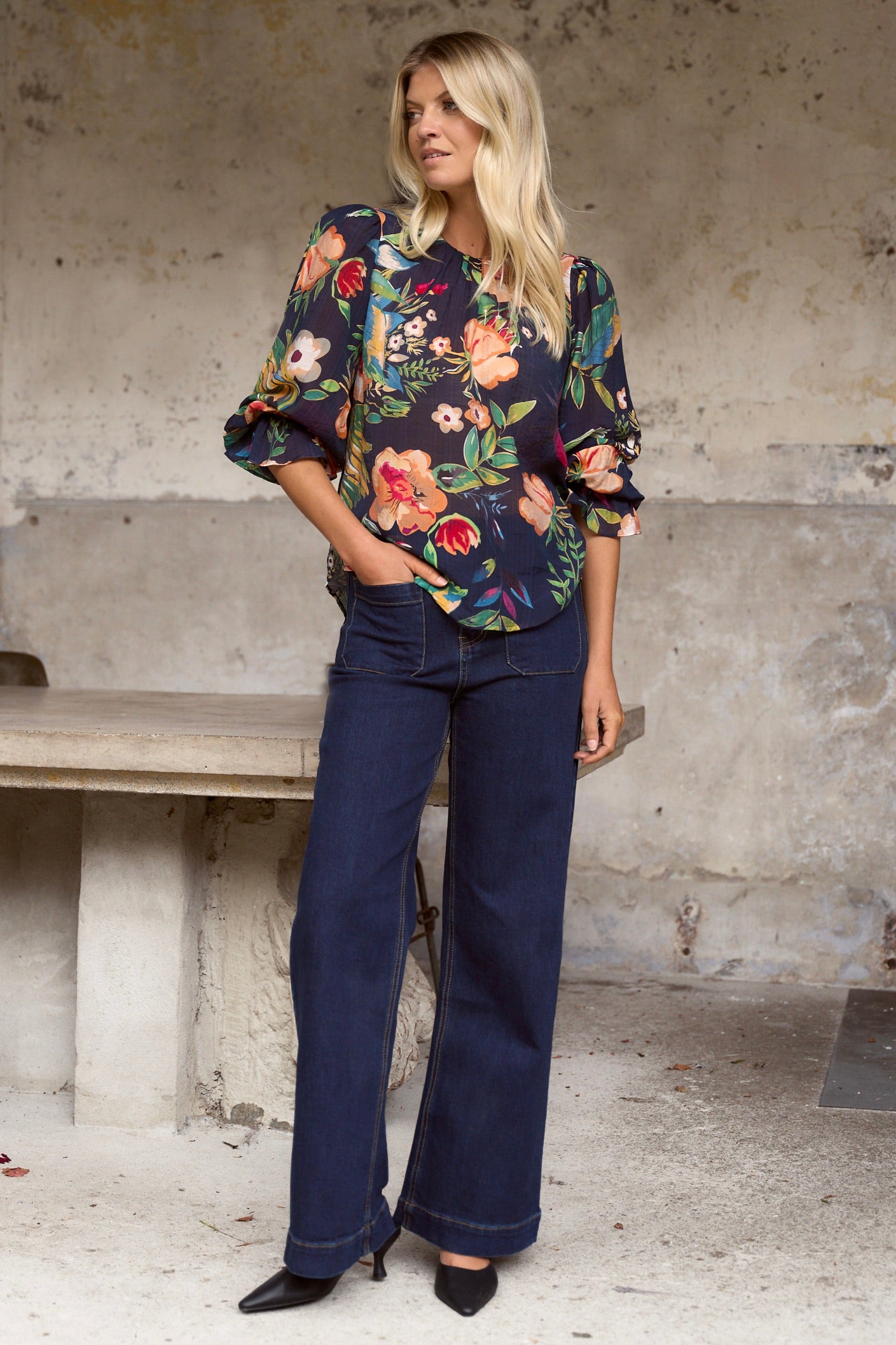 Endless Navy Floral Blouse with Long Sleeves - Women's Vibrant Floral Print Tunic Top for Casual Wear & Office Outfits