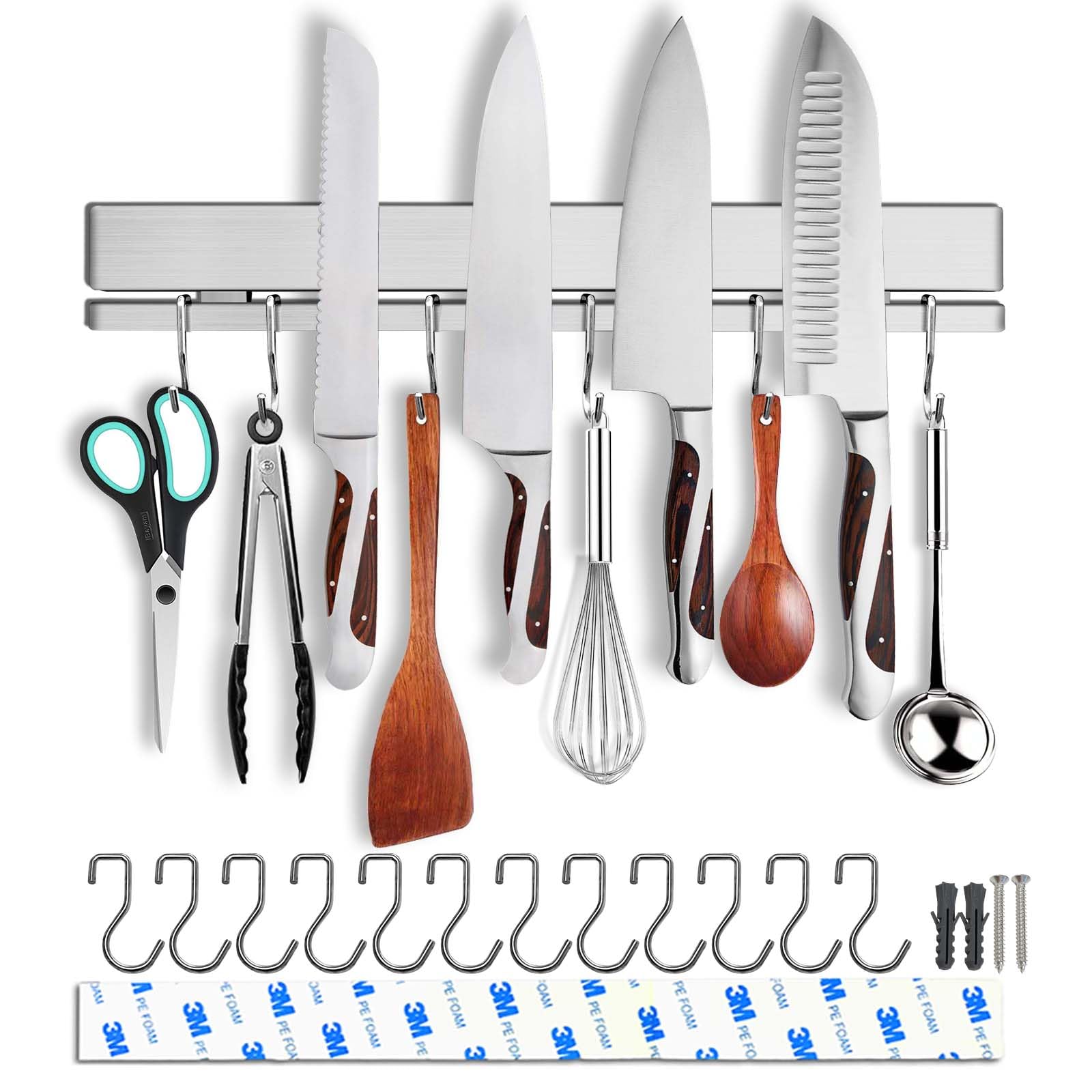 17 Inch Magnetic Knife Holder for Wall - No Drill or Drill Options with 12 Hooks - Strong Adhesive Double Magnetic Bar - 304 Stainless Steel Knife Strip - Perfect for Kitchen Utensil Organization - Ideal for Home Chefs & Professional Kitchens