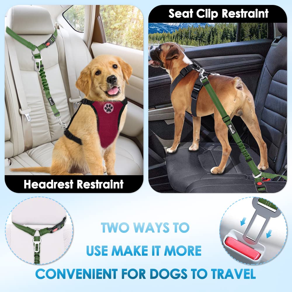 SlowTon Adjustable Dog Seat Belt for Cars - 2 Pack Pet Safety Harness with Elastic Bungee Buffer & Reflective Tether | Headrest + Clip Attachment | Perfect for Road Trips & Daily Commutes (Green)