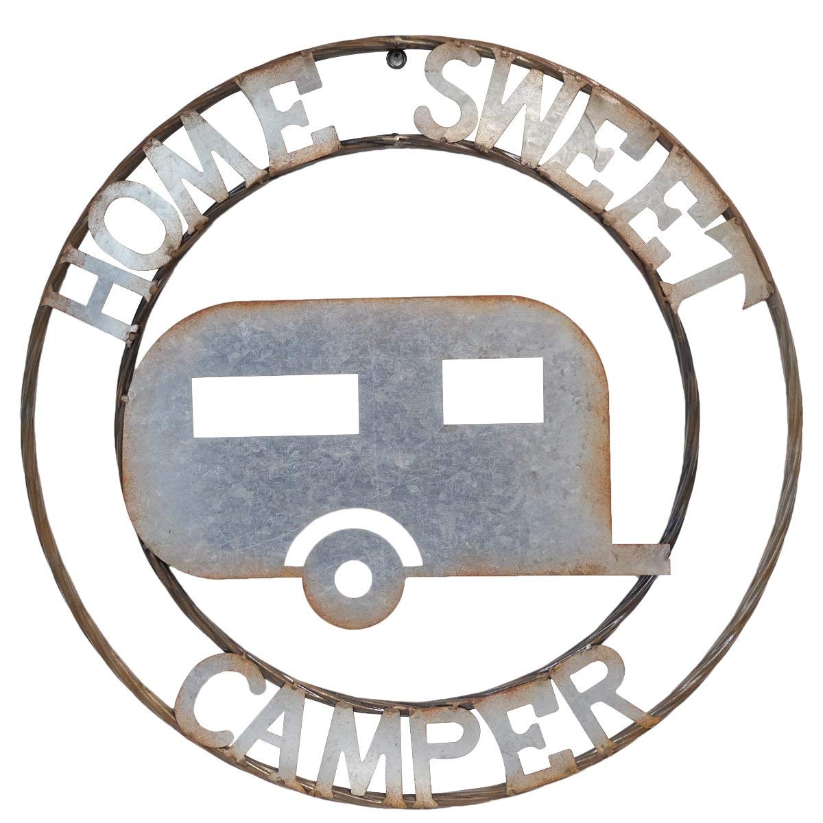 Vintage Galvanized Metal Circle Sign - 'Home Sweet Camper' Rustic Wall Decor for RV, Camper, Cabin & Farmhouse - Perfect for Outdoor & Indoor Home Decoration