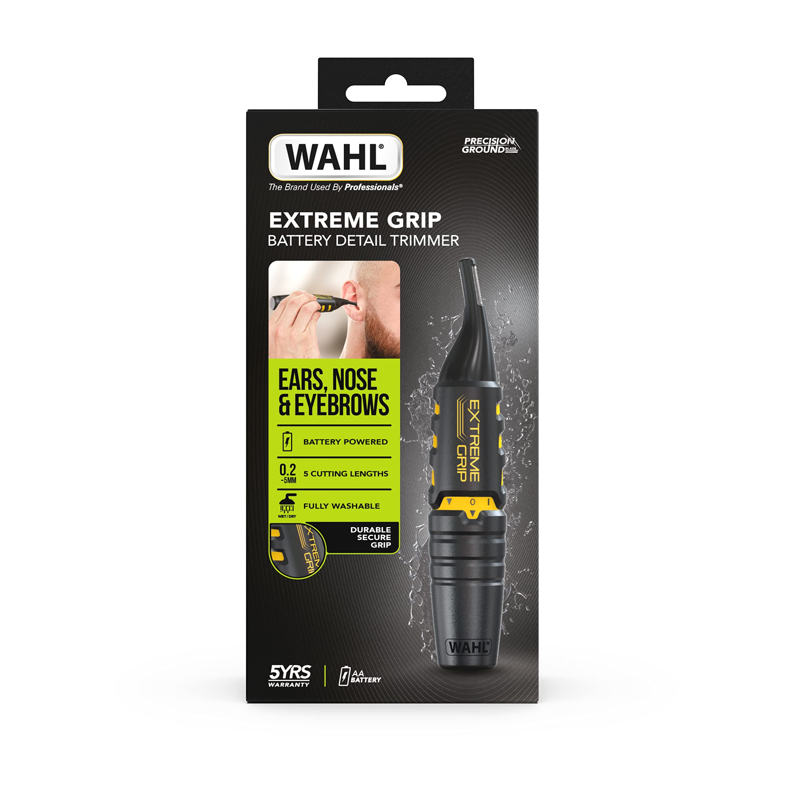 Wahl Extreme Grip Detail Trimmer for Men & Women - Painless Eyebrow & Facial Hair Trimmer, 2-in-1 Personal Grooming Kit with Nose, Ear & Eyebrow Attachments | Cordless, Battery-Powered & Washable Heads | Perfect for Travel, Home & Salon Use