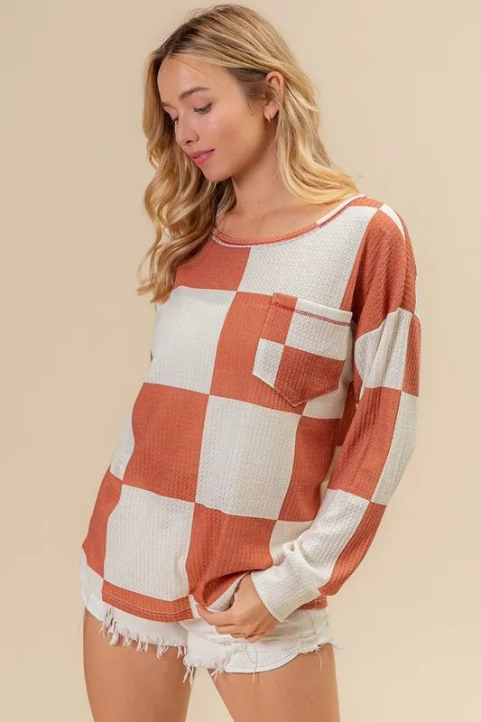 BiBi Checker Printed Hacci Top With Front Pocket - Stylish Women's Casual Knit Sweater for Fall & Winter | Perfect for Office, Date Night & Weekend Outings
