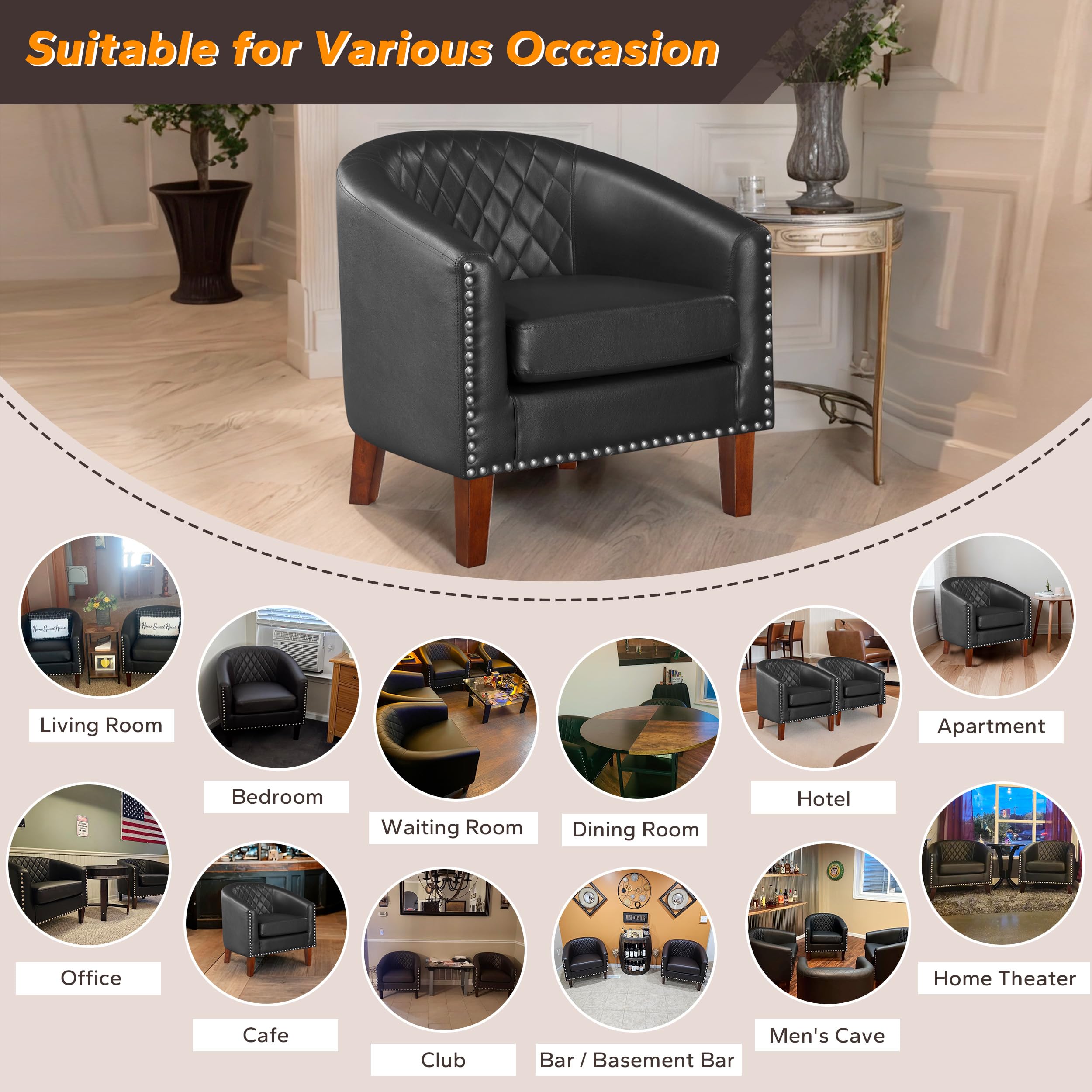 Premium Faux Leather Barrel Accent Chair Set of 2 - Modern Living Room Club Chairs with Diamond Grid Backrest, Cushion & Nailhead Trim - Comfortable Seating for Office, Bedroom, Waiting Room & Home Decor - Black (Perfect for Guest Seating, Lounge Areas & Stylish Interior Design)