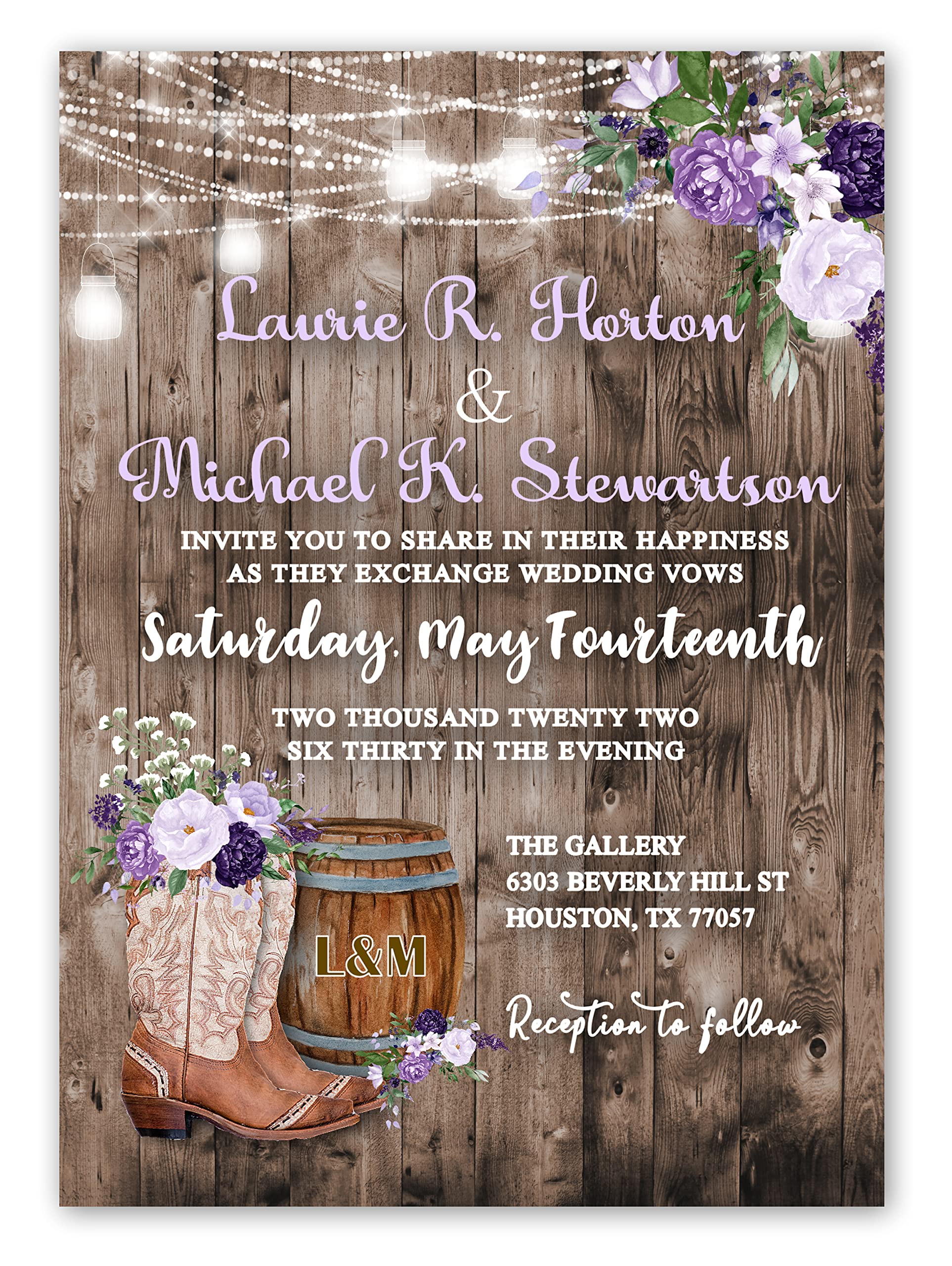 **Personalized Cowgirl Wedding Invitations & RSVP Cards Set of 50 – Rustic Country Boot Design for Western Themed Weddings, Bridal Showers & Engagement Parties**