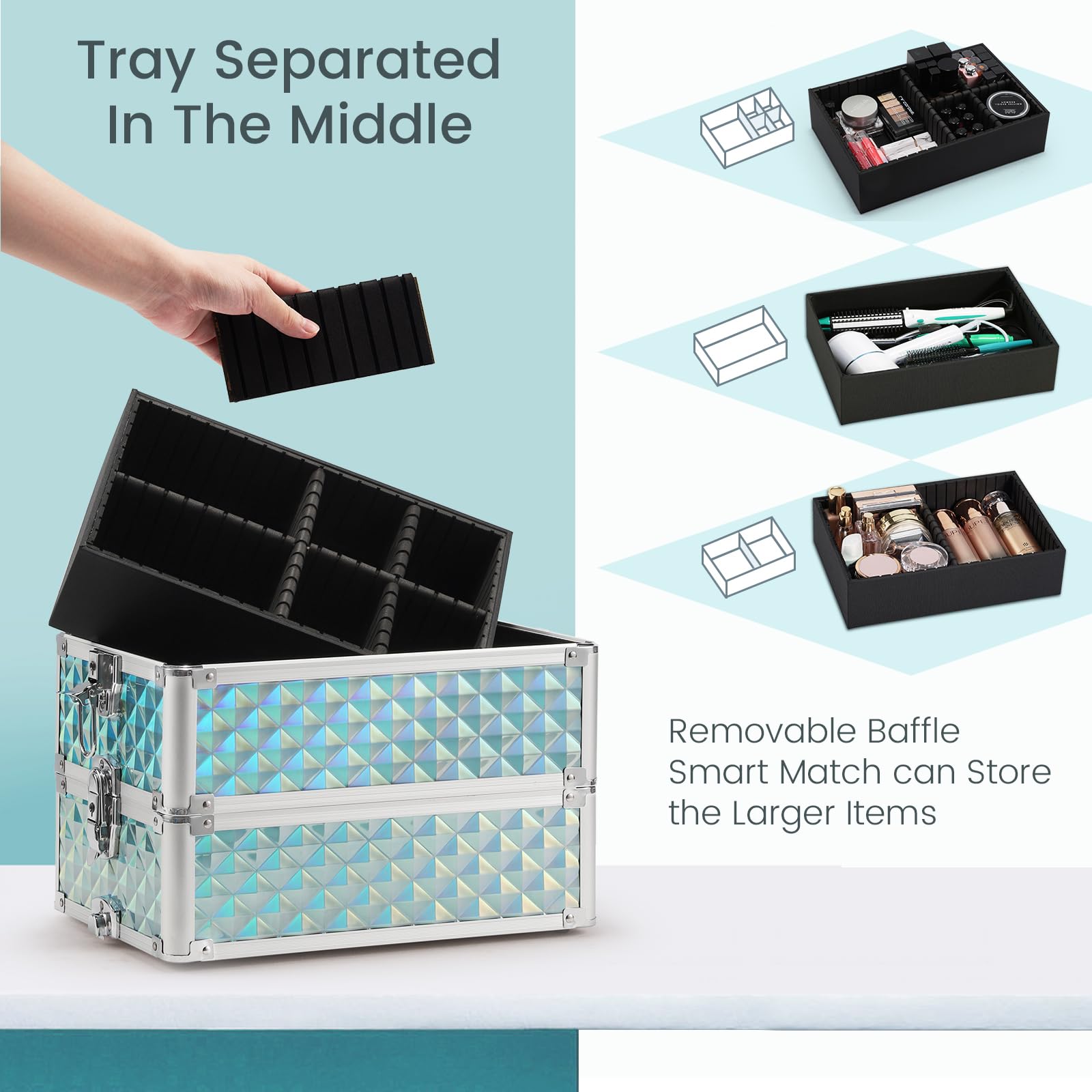 4-in-1 Rolling Makeup Case with Wheels - Professional Cosmetic Trolley & Cosmetology Cart for Makeup Artists, Hairstylists, Nail Techs & Salons - Large Capacity Turquoise Beauty Organizer - Perfect for Mobile Makeup Services, Salon Storage & Travel Cosmetics Organization
