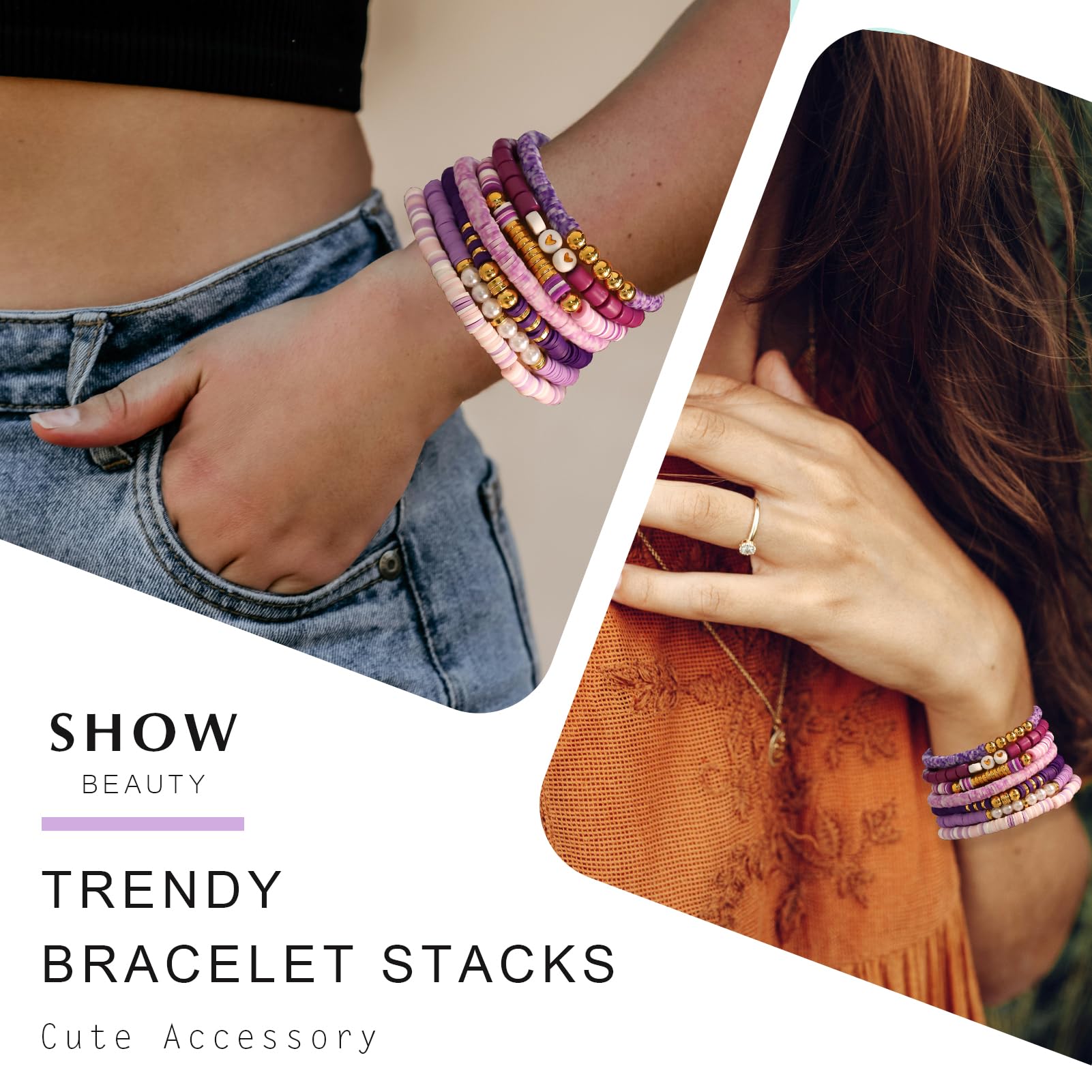 Trendy Boho Friendship Bracelets for Women - Stackable Heishi Clay & Gold Beaded Stretch Bracelets Set | Cute Preppy Jewelry for Everyday Wear, Gifts & Layered Bracelet Stacks