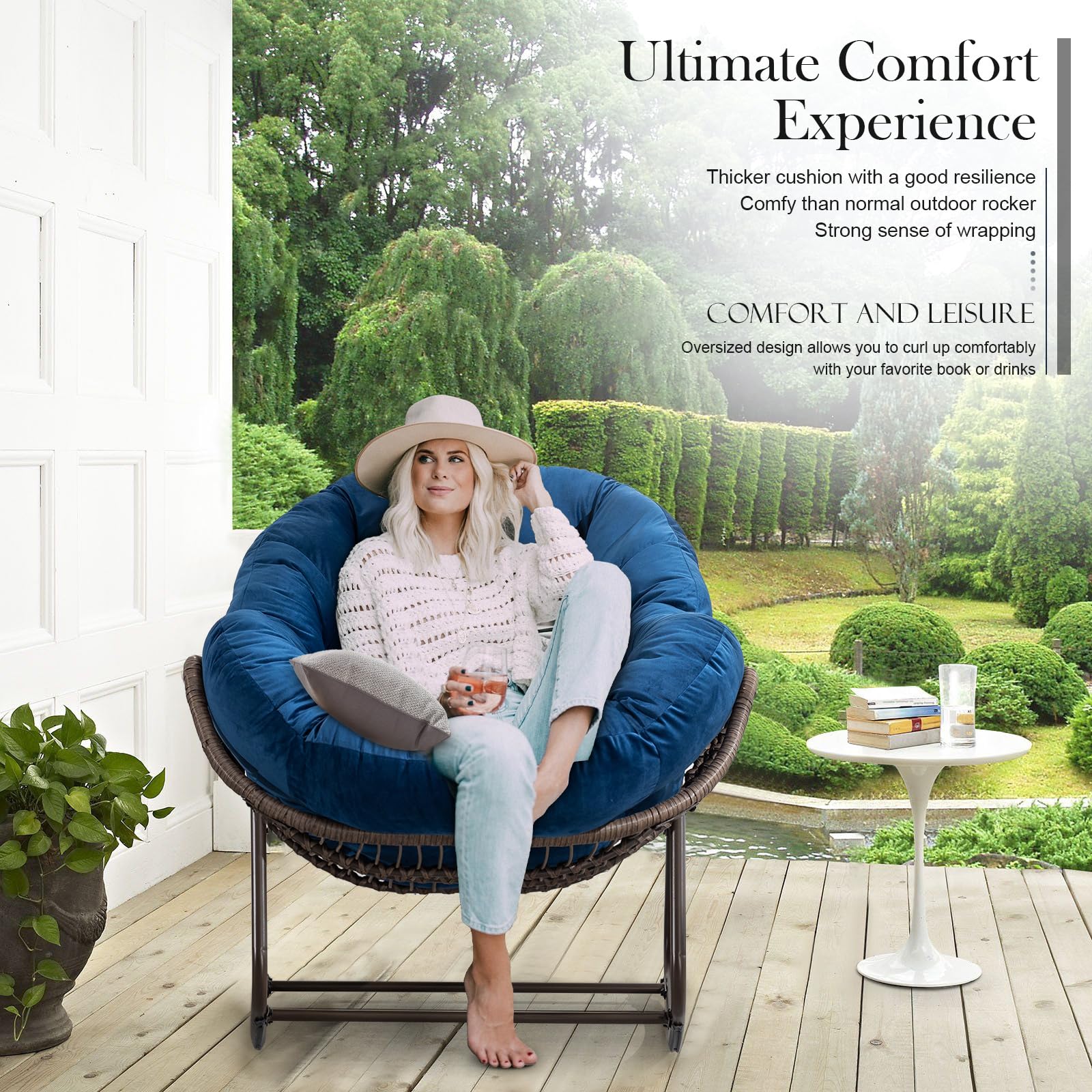 Outdoor Rocking Chair - Oversized Rattan Egg Rocking Chair with Padded Cushion for Patio, Garden, Porch, Balcony & Backyard - Modern Lounge Recliner Chair in Navy Blue - Perfect for Relaxing, Reading & Sunbathing