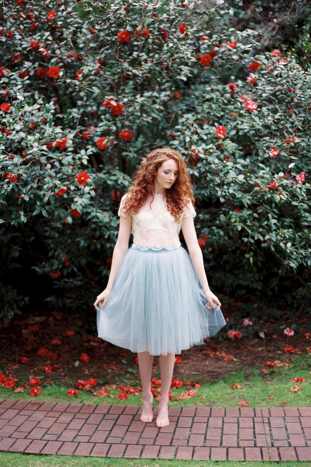 Lydia Tonal Tulle Skirt in Powder Blue | Elegant Ballet-Inspired Midi Skirt for Women | Perfect for Weddings, Parties & Special Occasions