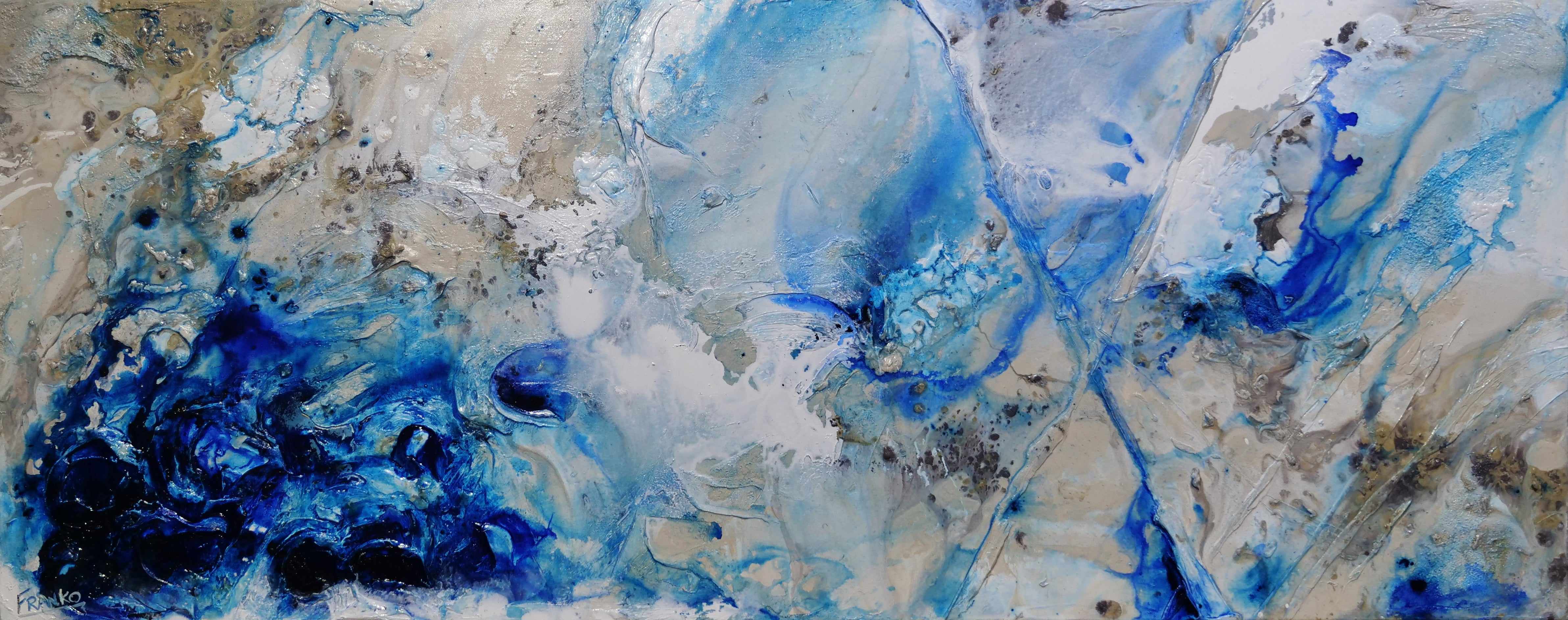 Midnight at the Oasis - 79x31 Inch Cream Blue Textured Abstract Canvas Wall Art - Perfect for Living Room, Bedroom or Office Decor