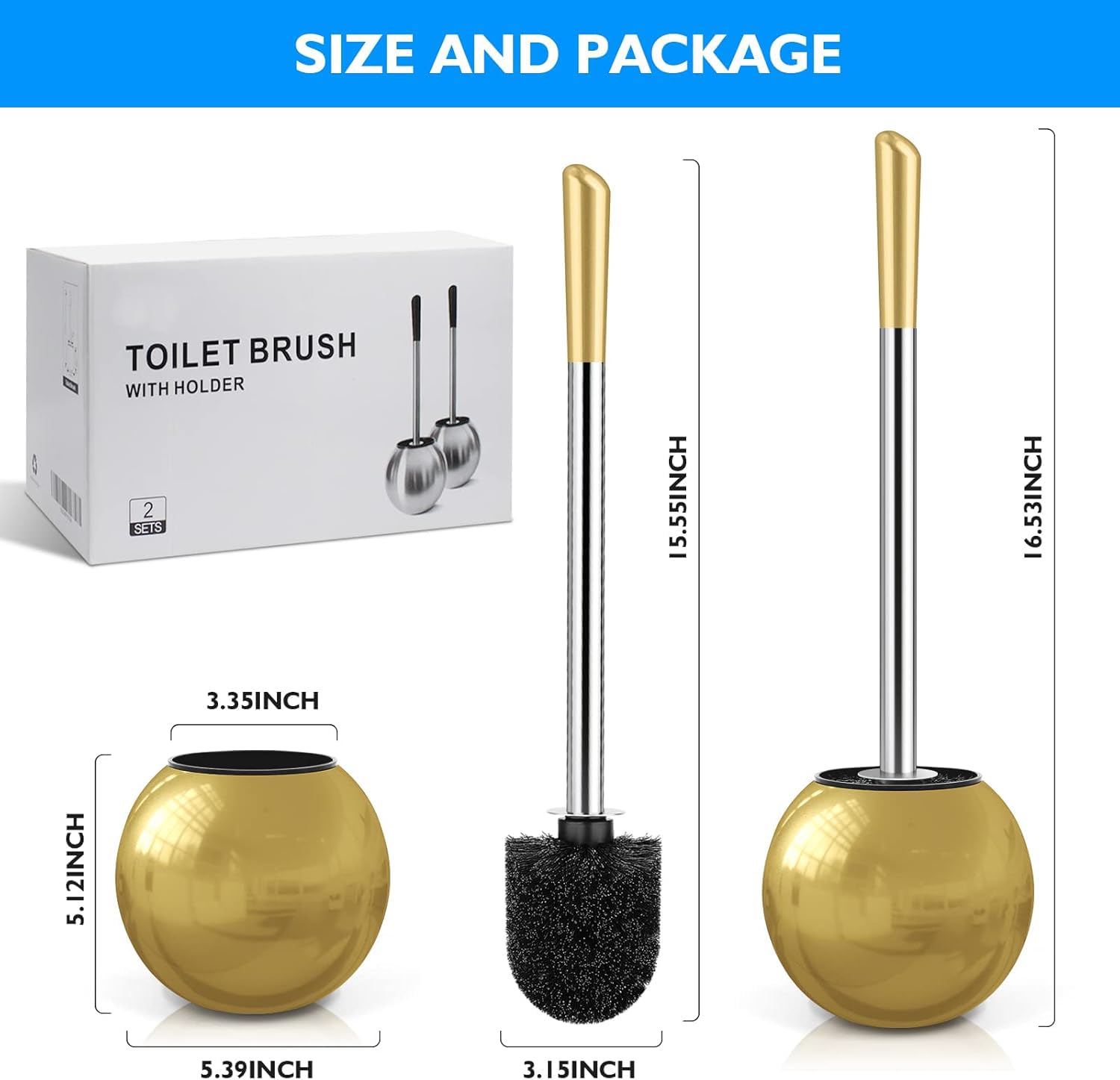 Stainless Steel Toilet Brush & Holder 2-Pack - Durable, Ergonomic for Bathroom Cleaning