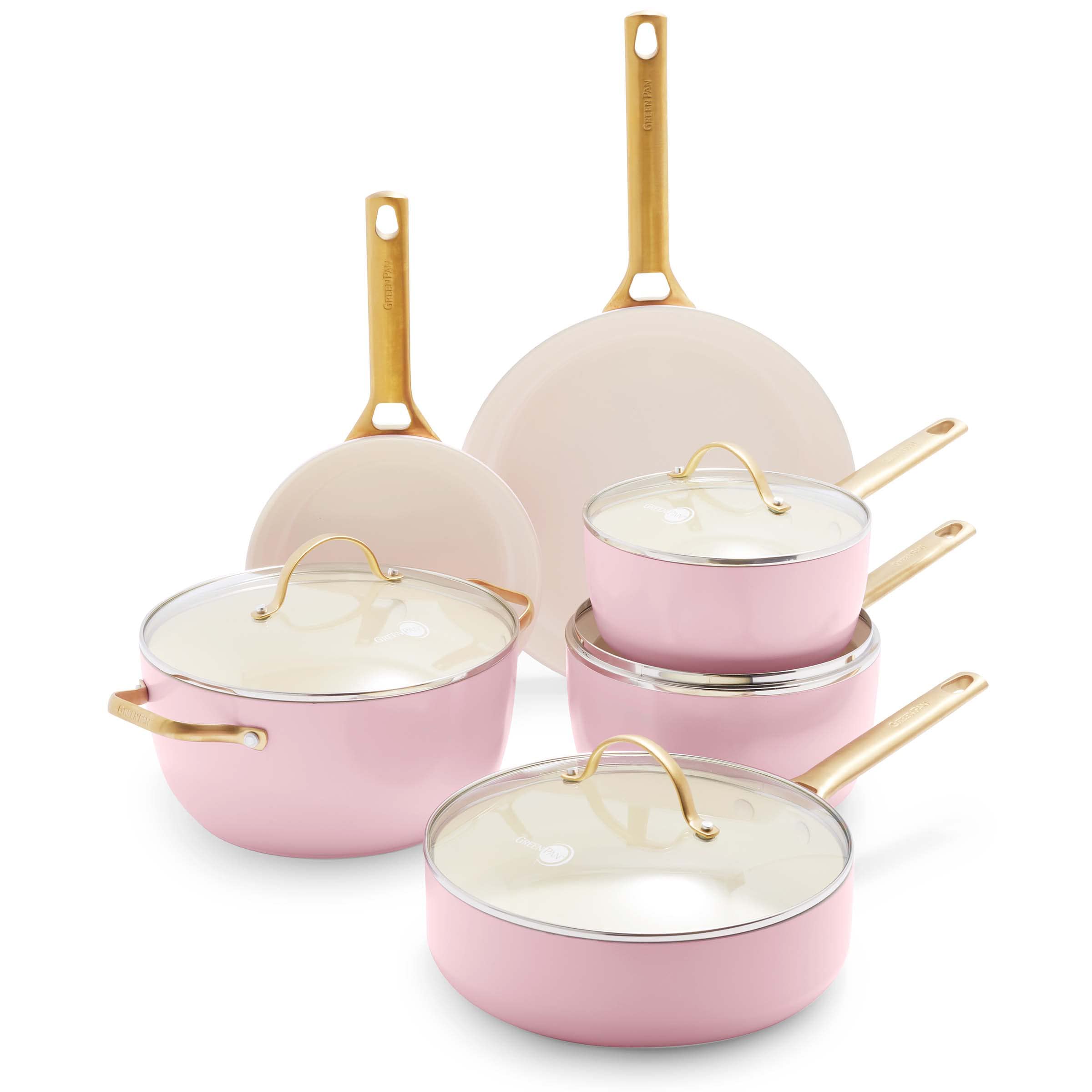 GreenPan Reserve Hard Anodized 10-Piece Non-Toxic Ceramic Cookware Set - PFAS-Free, Dishwasher & Oven Safe (350°F), Gold Handles, Blush Pink - Perfect for Healthy Cooking, Frying, Baking & Family Meals