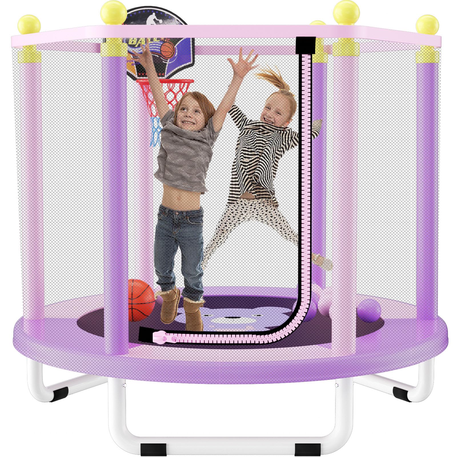 **5FT Kids Trampoline with Safety Enclosure Net & Basketball Hoop - Indoor/Outdoor Mini Trampoline Toy for Toddlers - Perfect Birthday Gift for Active Play, Backyard Fun & Exercise**
