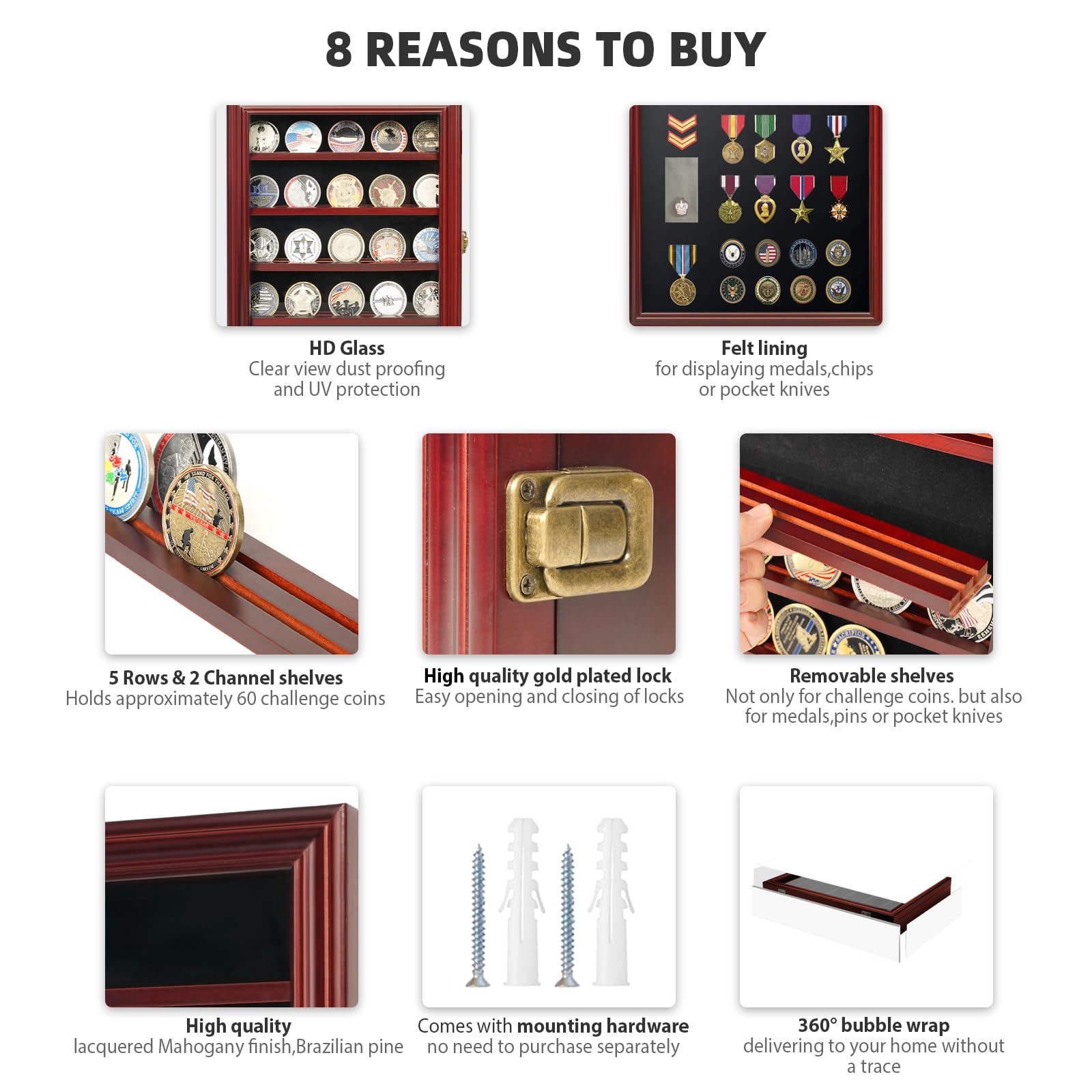 Premium Wooden Challenge Coin Holder Display Case with HD Tempered Glass - 5 Row Medal Shadow Box with Removable 2-Groove Shelves - Poker Chip Rack for Collectors - Wall Mountable or Tabletop Display - Mahogany Finish - Perfect for Military, Police, Firefighter Collections & Home Office Decor