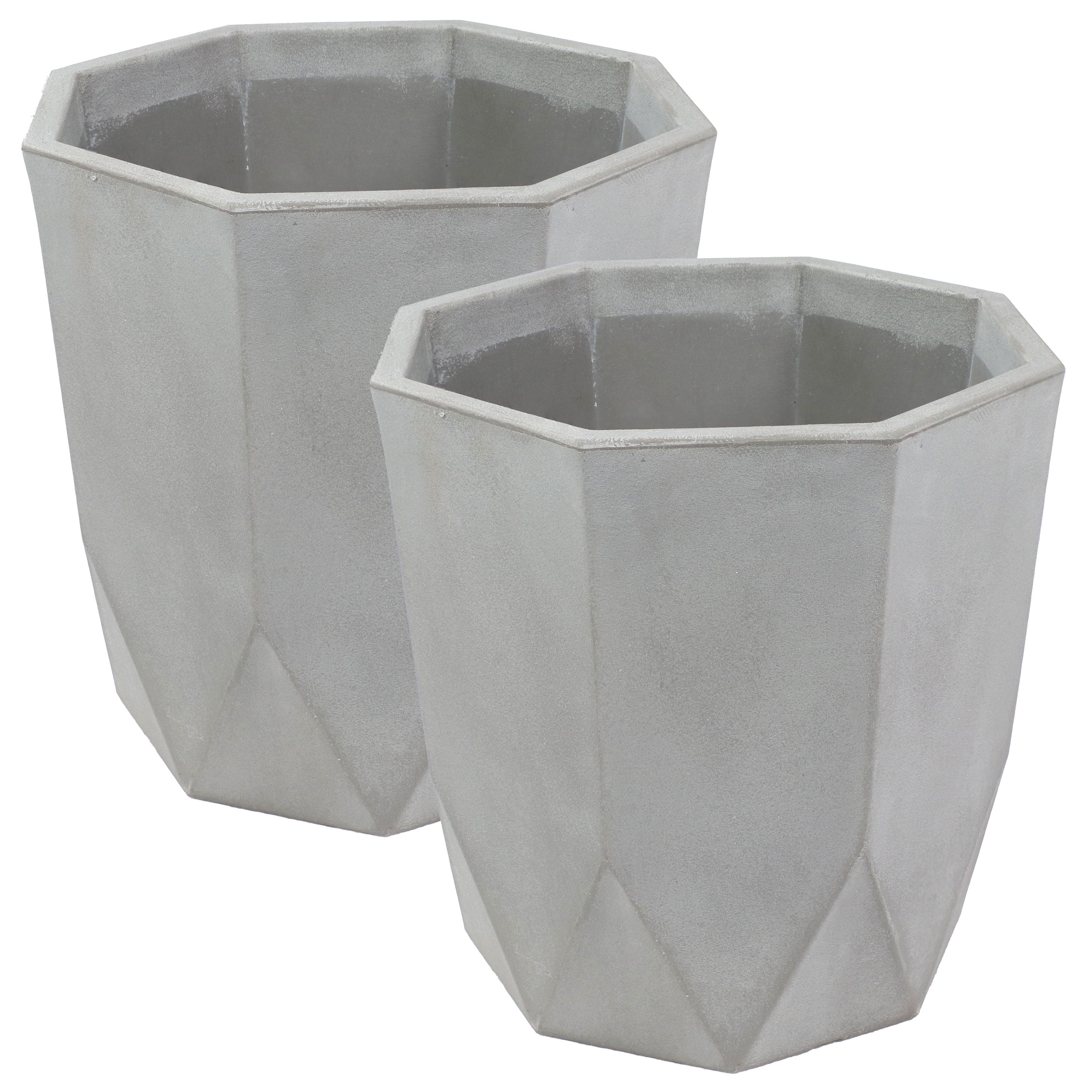 Modern Faceted Polyresin Planter - Light Gray Indoor/Outdoor Flower Pot - 14.75 Inch Decorative Garden Planter for Home, Patio, and Office Decor