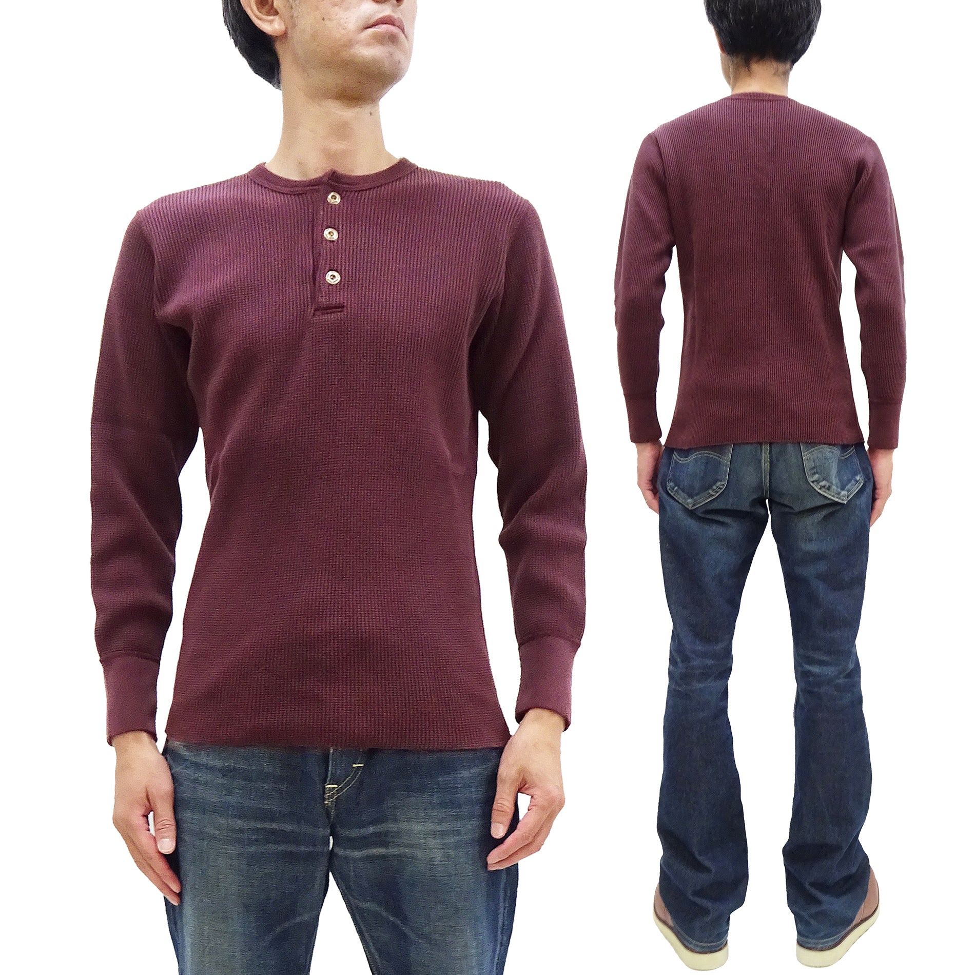 Studio D'artisan Waffle Knit Thermal Henley T-Shirt for Men - Heavyweight Long Sleeve Casual Shirt with 3-Button Placket - Burgundy (9937) - Perfect for Winter Layering & Outdoor Activities