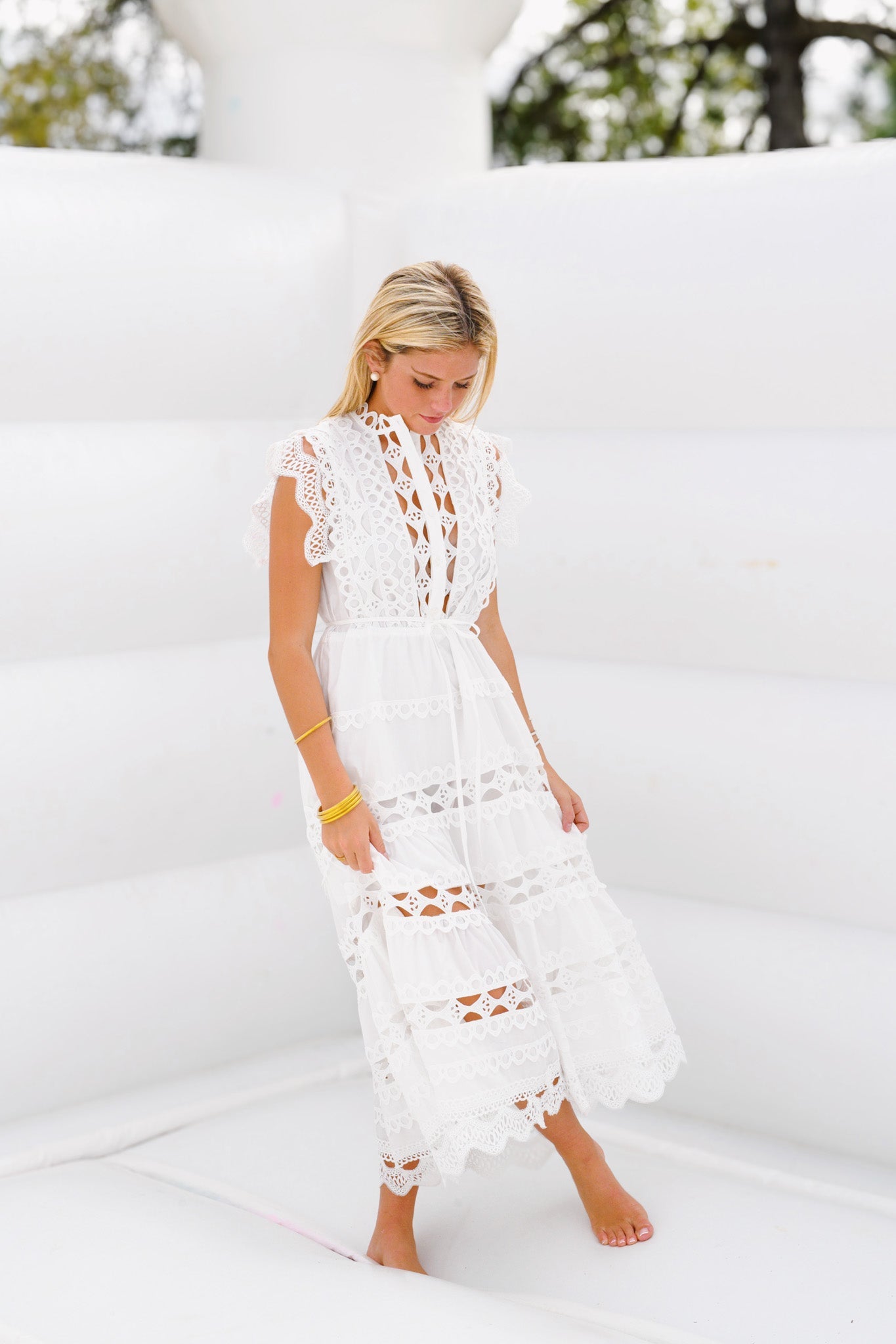 Christy Embroidered Belted Midi Dress for Women - Elegant White Floral Summer Dress for Casual Wear, Office & Wedding Guest Attire