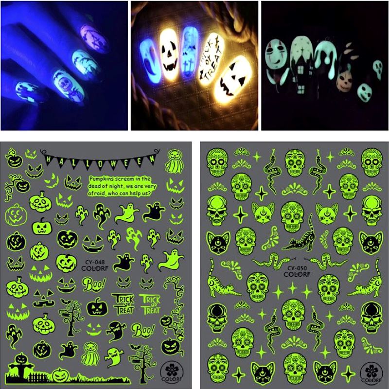 Halloween Glow in the Dark Nail Art Stickers - Self-Adhesive Nail Decals for Party, Cosplay & Night Events - Long-Lasting Nail Stickers for Women & Girls