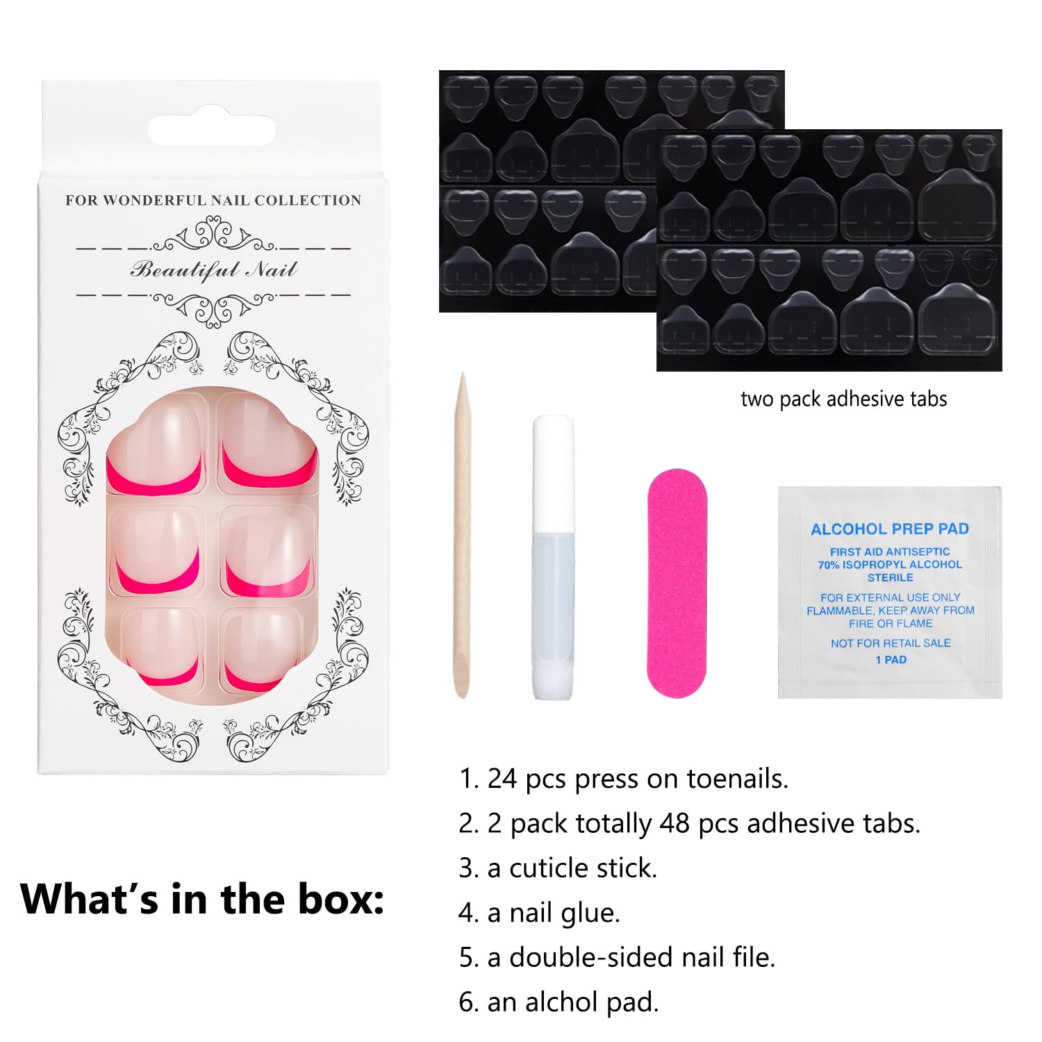 ANYOS Short French Tip Press On Toenails for Women - 24PCS Square Fake Toe Nails with 2 Pack Jelly Stickers & Glue (Hot Pink) - Perfect for Pedicures, Parties, Vacations & Summer Nail Looks