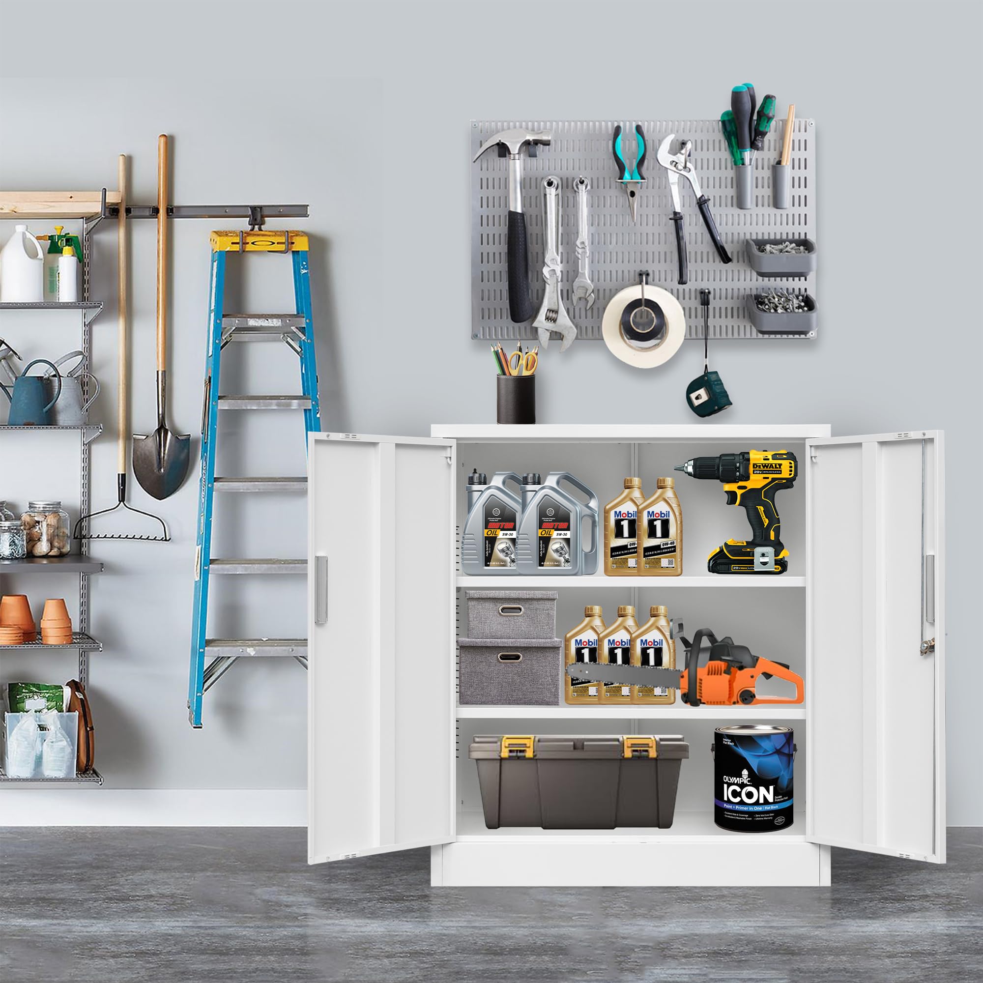 White Metal Storage Cabinet with Locking Doors & Adjustable Shelves - Secure Organizer for Office, Garage, Home & Workshop - Perfect for Tools, Documents & Household Supplies