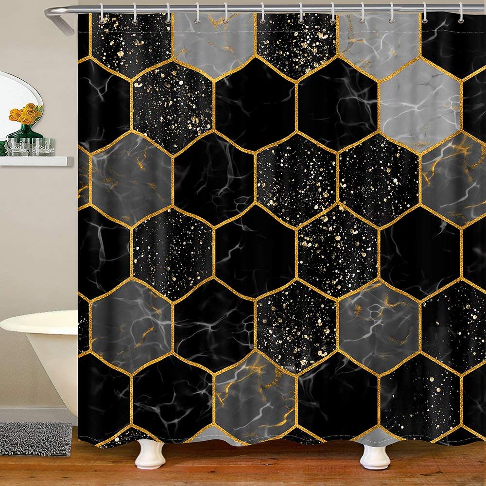 Hexagon Honeycomb Shower Curtain - Black & Gold Waterproof Bathroom Curtain with Hooks, 72x72 Inches, Washable Fabric - Perfect for Modern Bathrooms & Spa-Like Showers