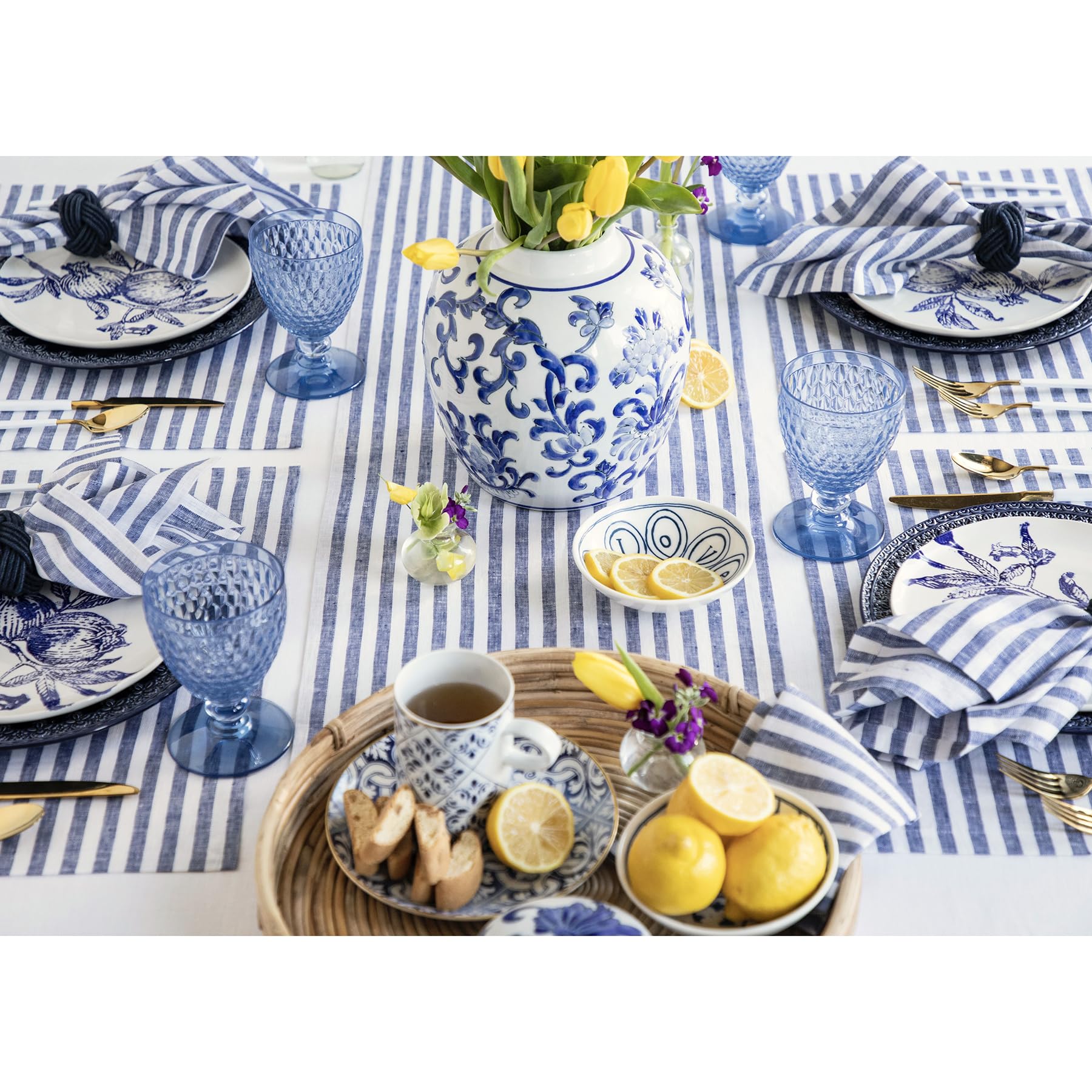 Solino Home 100% Pure Linen Navy and White Striped Table Runner 14x48 Inch - Elegant Dresser & Coffee Table Decor for Spring, Easter, Mother's Day - Perfect for Dining Tables, Buffets, and Holiday Centerpieces