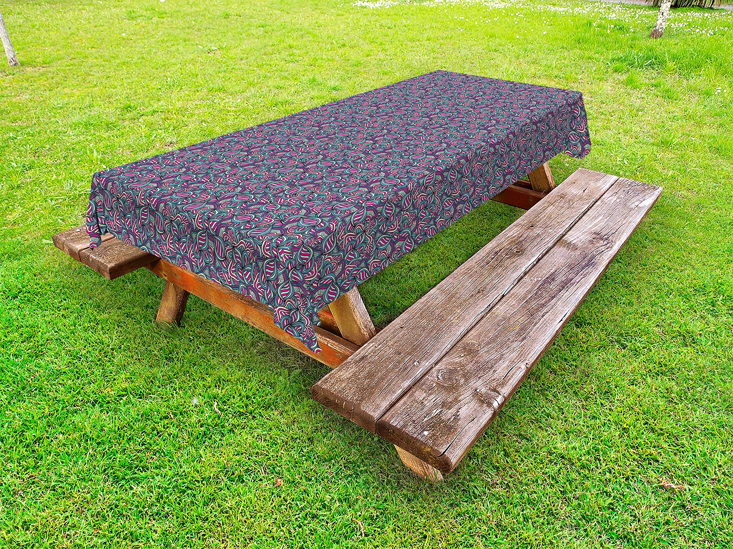 Ambesonne Bohemian Abstract Outdoor Tablecloth - Hand Drawn Wavy Line Design, Washable Picnic Table Cover 58x104 Inches in Fuchsia Slate Blue Cream | Perfect for Garden Parties, BBQs & Outdoor Dining