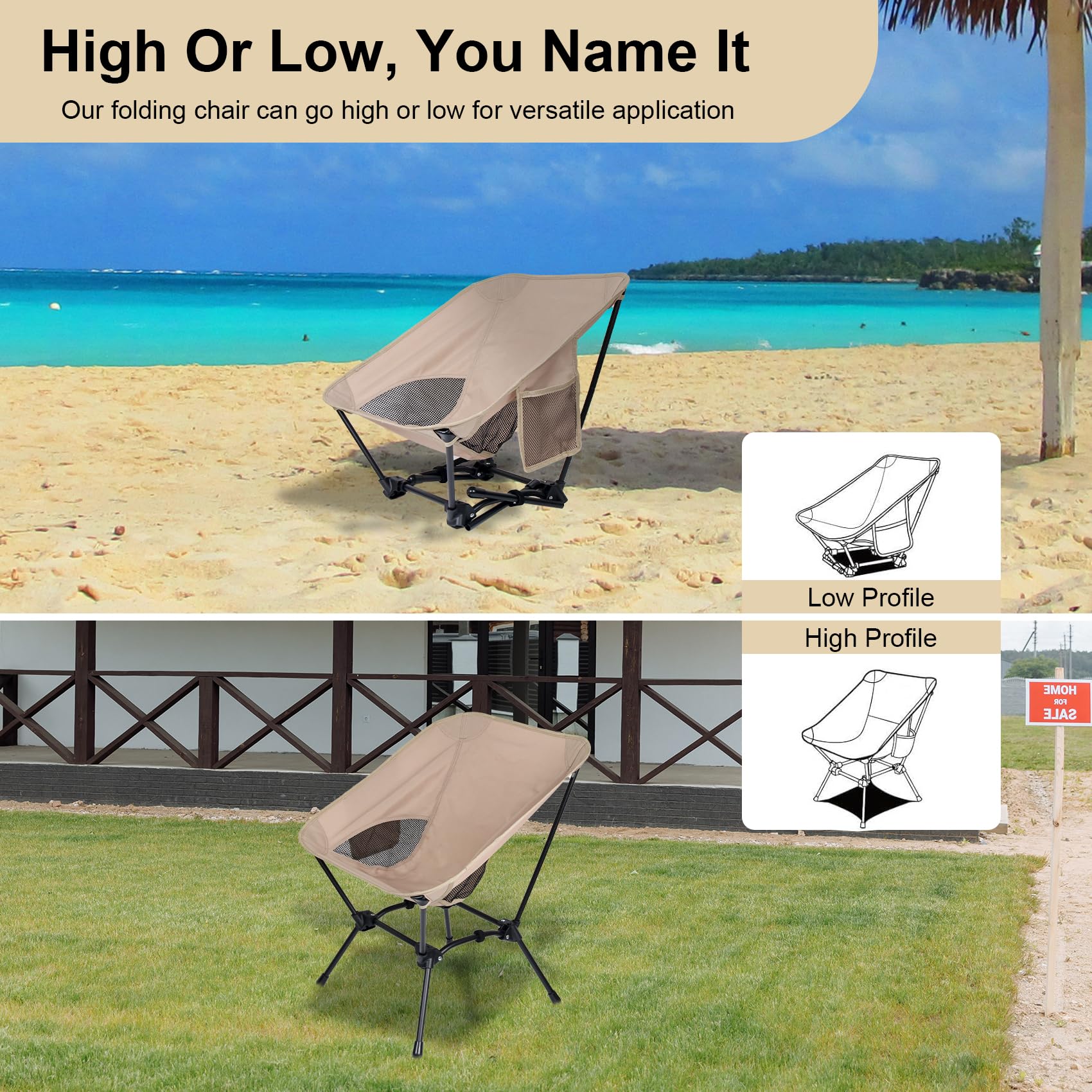 **Dreamoon Lightweight Foldable Camping Chair - Portable Backpack Chair with Side Pockets & Carry Bag, Adjustable Height Compact Outdoor Chair for Camping, Beach, Picnic, Hiking, Fishing, Travel - Perfect for Backyard, Tailgating & Outdoor Adventures (Khaki)**