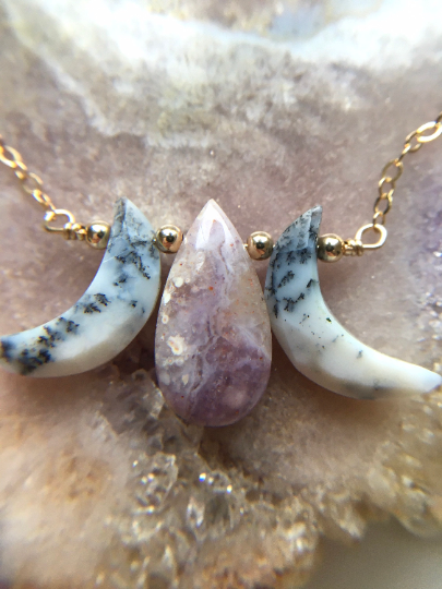 Triple Moon Goddess Necklace - Dendritic Merlenite Opal & Purple Opal Crystal Jewelry - Original Moon Jewelry Design - Perfect for Wiccan Rituals, Spiritual Healing & Boho Fashion