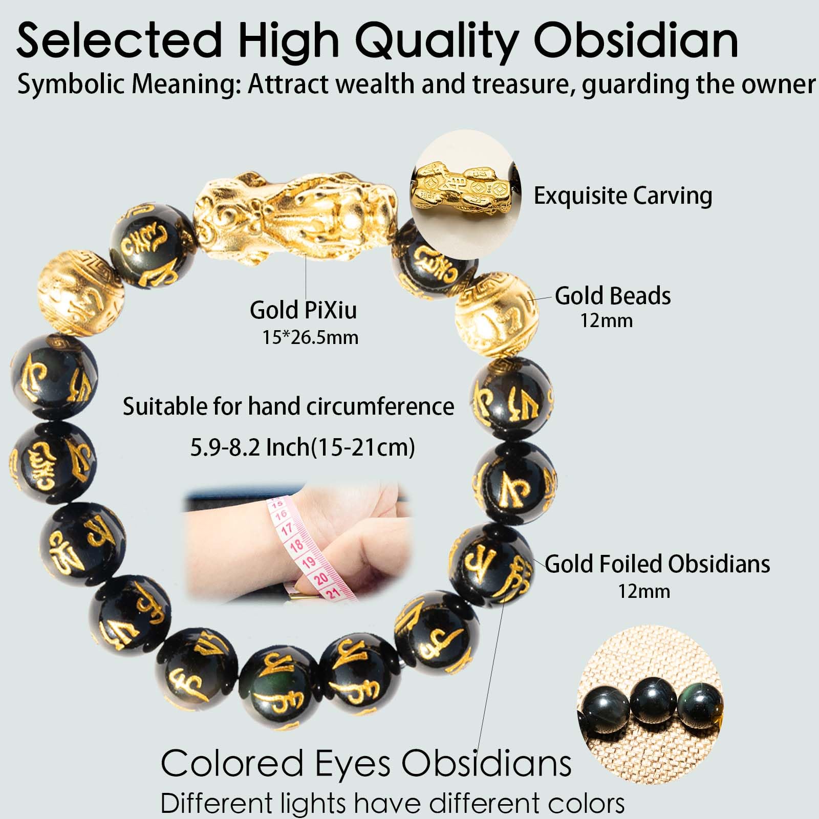 24K Gold Plated PiXiu Feng Shui Bracelet with Obsidian Beads - Dragon Protection Lucky Wealth Bracelet for Men & Women (12mm) - Meditation, Stress Relief & Spiritual Jewelry for Business Success & Positive Energy