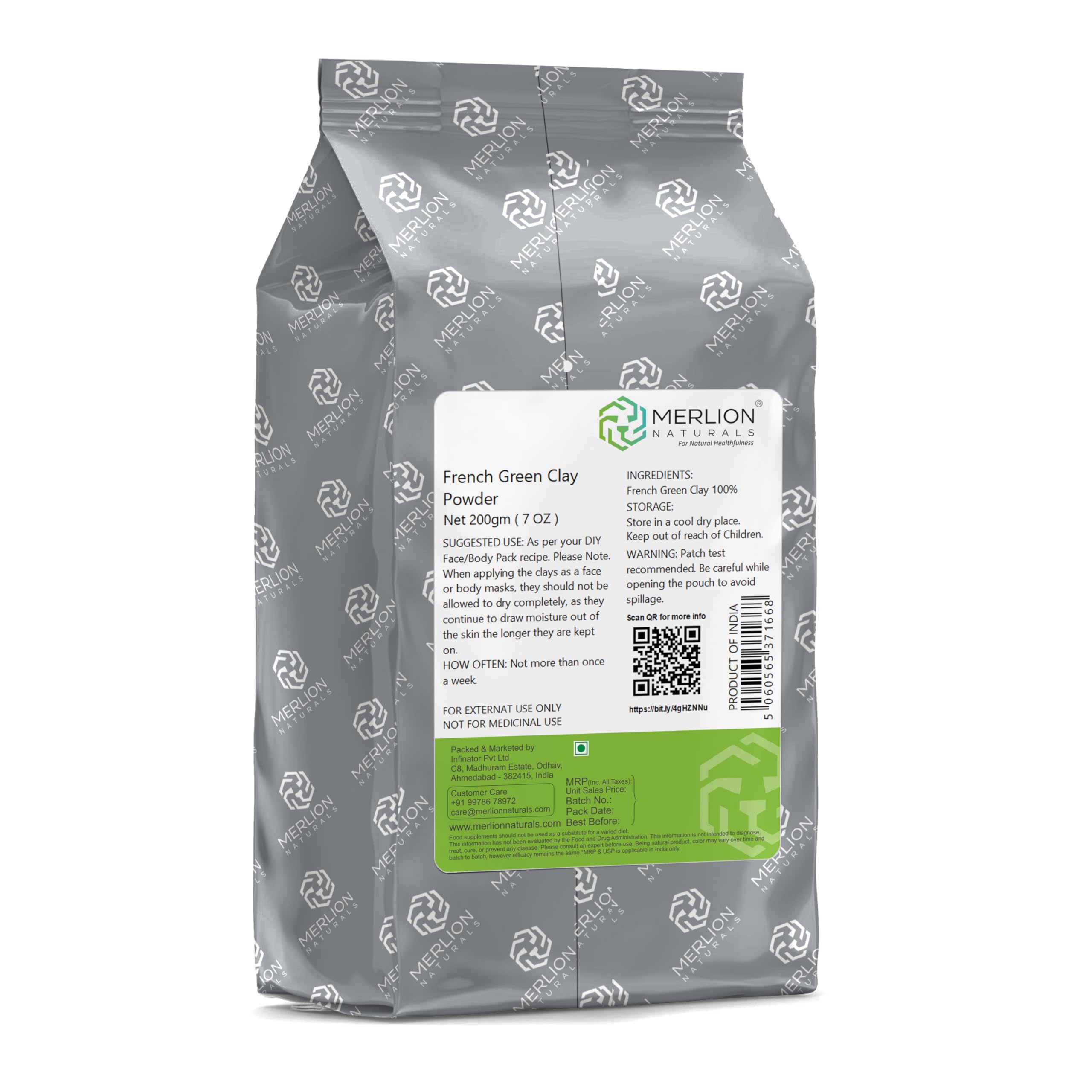 Merlion Naturals French Green Clay Powder 200g | All-Natural Pure Herbs for Healthy Hair & Skin | Face Mask, Body Scrub & Hair Treatment for Detox & Glow