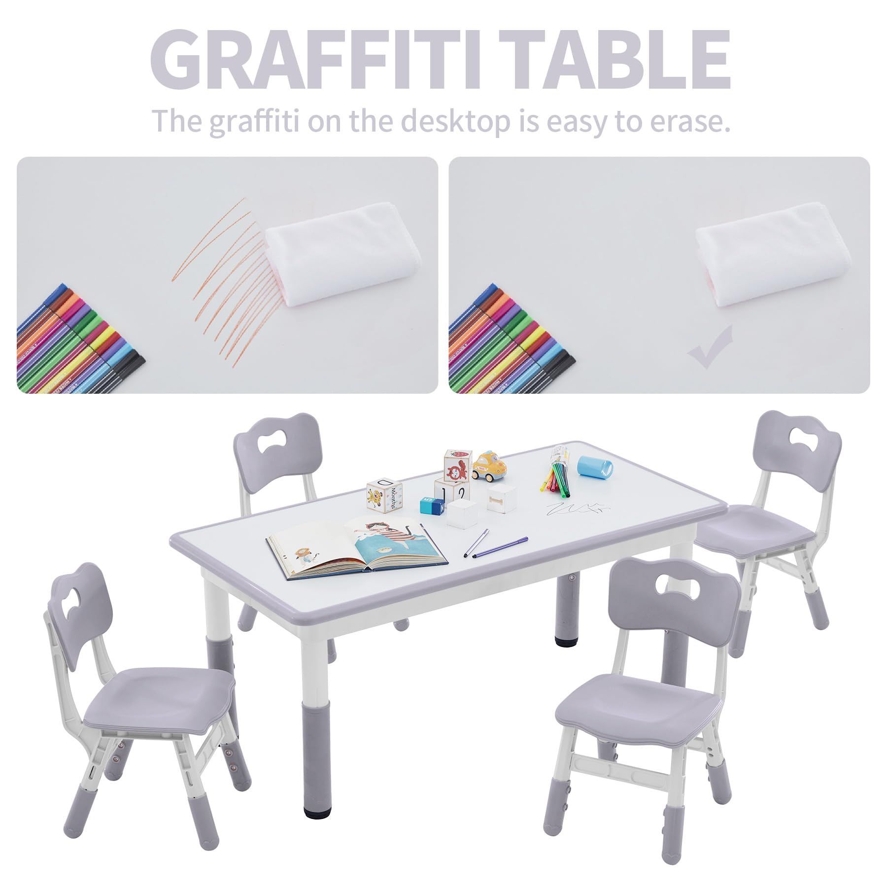 Adjustable Height Toddler Table and Chairs Set for 4 Kids - 47.2