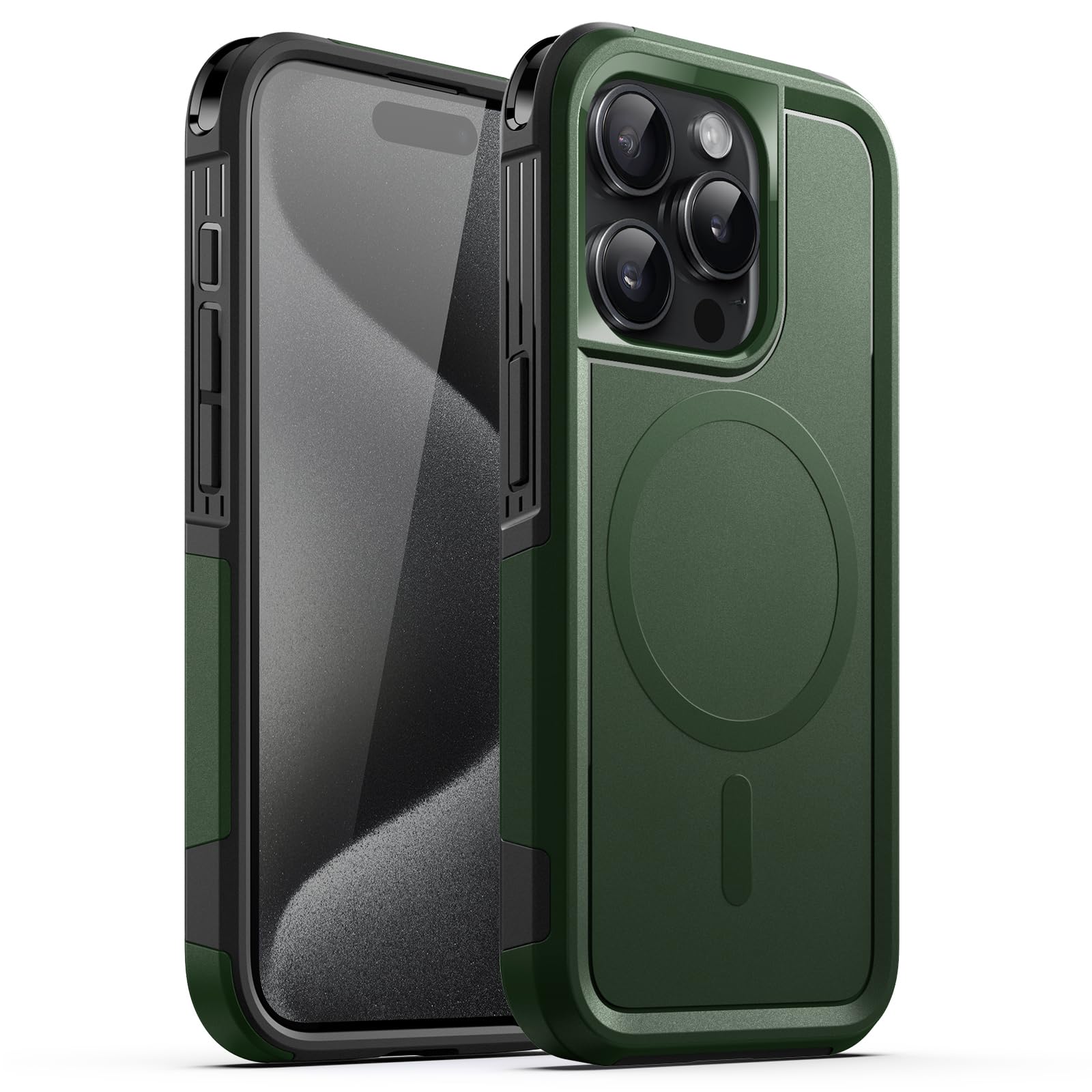 JETech Heavy Duty Rugged Case for iPhone 15 Pro 6.1-Inch - MagSafe Compatible, Dual-Layer Shockproof Protection, Magnetic Phone Cover (Midnight Green) - Perfect for Outdoor Adventures, Construction Work & Active Lifestyles