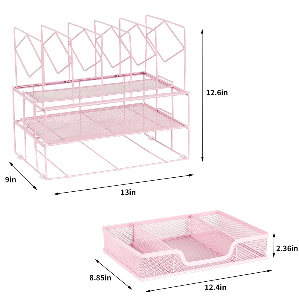 Desk Organizers and Accessories - Office Supplies Desktop Organizer with Sliding Drawer, Dual Tray & 5 Upright Sections - File Folder Holder for Home Office, Workstation & Study Desk - Perfect for Paper Management, Document Storage & Workspace Organization