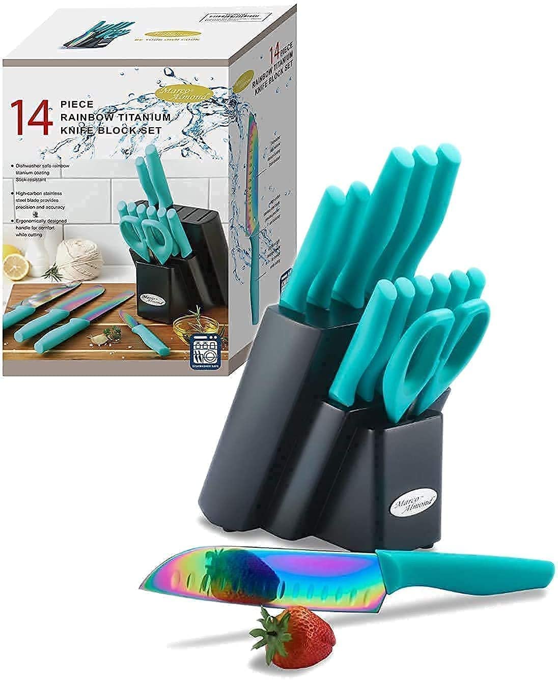 Rainbow Color Cutlery Knife Set - 5-Piece Professional Stainless Steel Kitchen Knives with Wooden Block & Box Grater | Perfect for Home Cooking, Food Prep & Gift Giving
