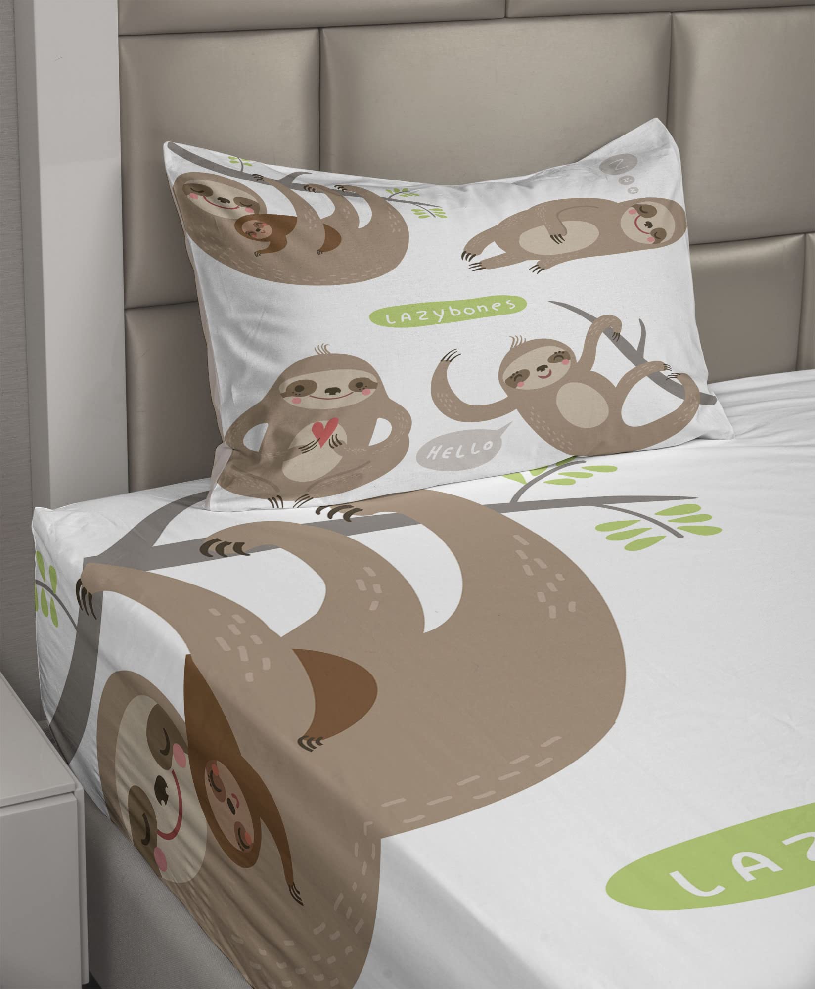 Ambesonne Sloth Sheet Set - 3 Piece Bedding Set with Funny Lazy Sloths Hugging Family Design, Fitted & Flat Sheet + Pillowcase, Twin Size, Pale Brown Grey Green - Perfect for Kids Rooms, Dorm Decor & Cozy Family Bedrooms