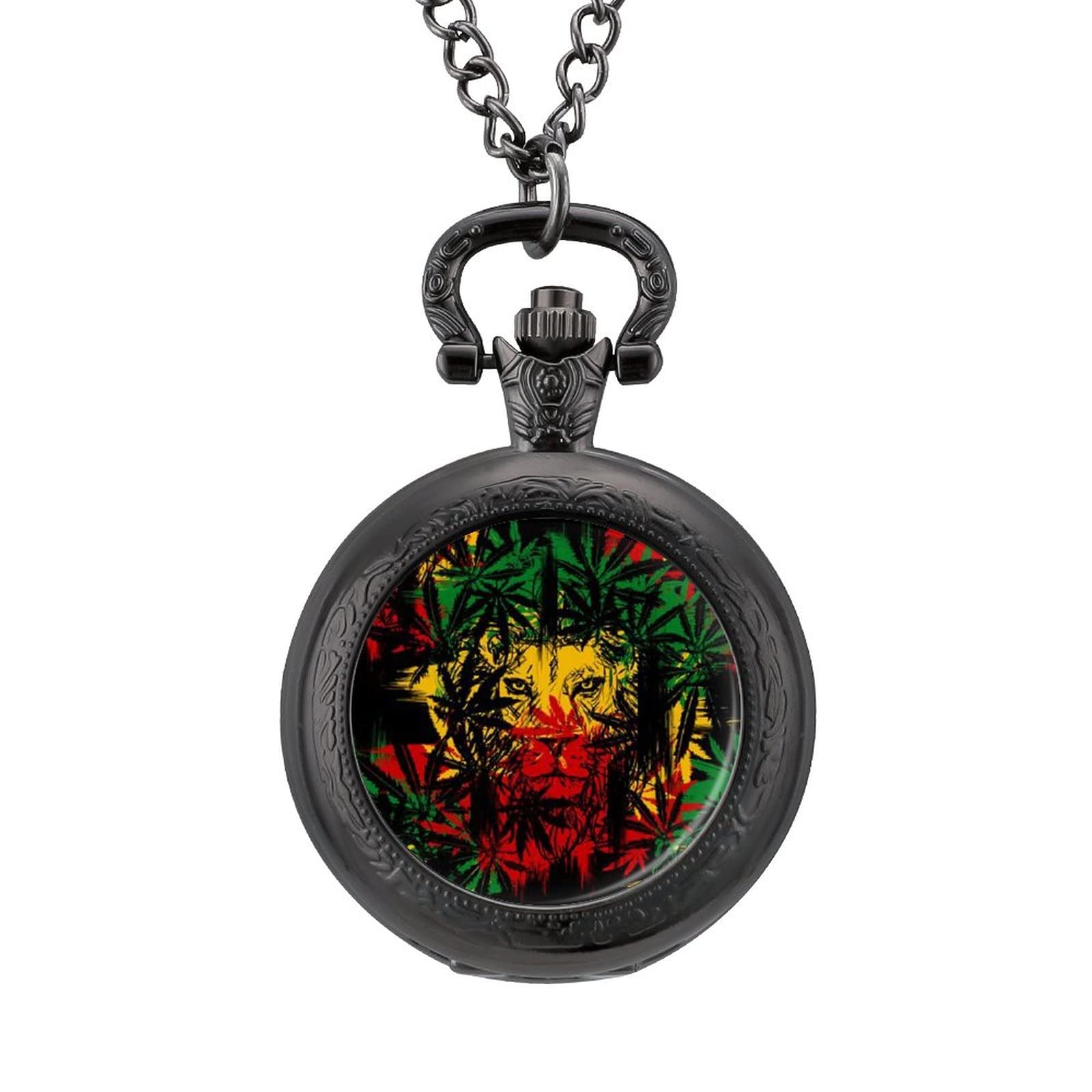 Jamaica Rasta Lion Pocket Watch - Vintage Retro Necklace with Chain - Unique Fashion Gift for Men & Women - Perfect for Rastafarian Culture Enthusiasts, Music Festivals, and Bohemian Style Accessories
