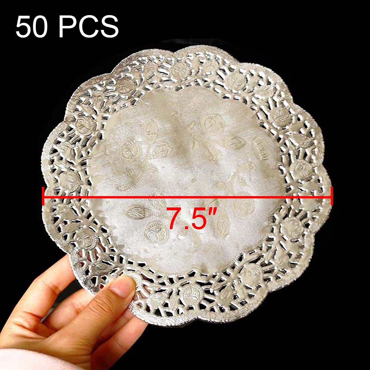 50 Pcs 7.5 Inch Disposable Round Lace Paper Doilies - Elegant Silver Cake & Dessert Liners for Party, Wedding, Tea Time Table Decor - Perfect for Birthday, Bridal Shower & Afternoon Tea Settings