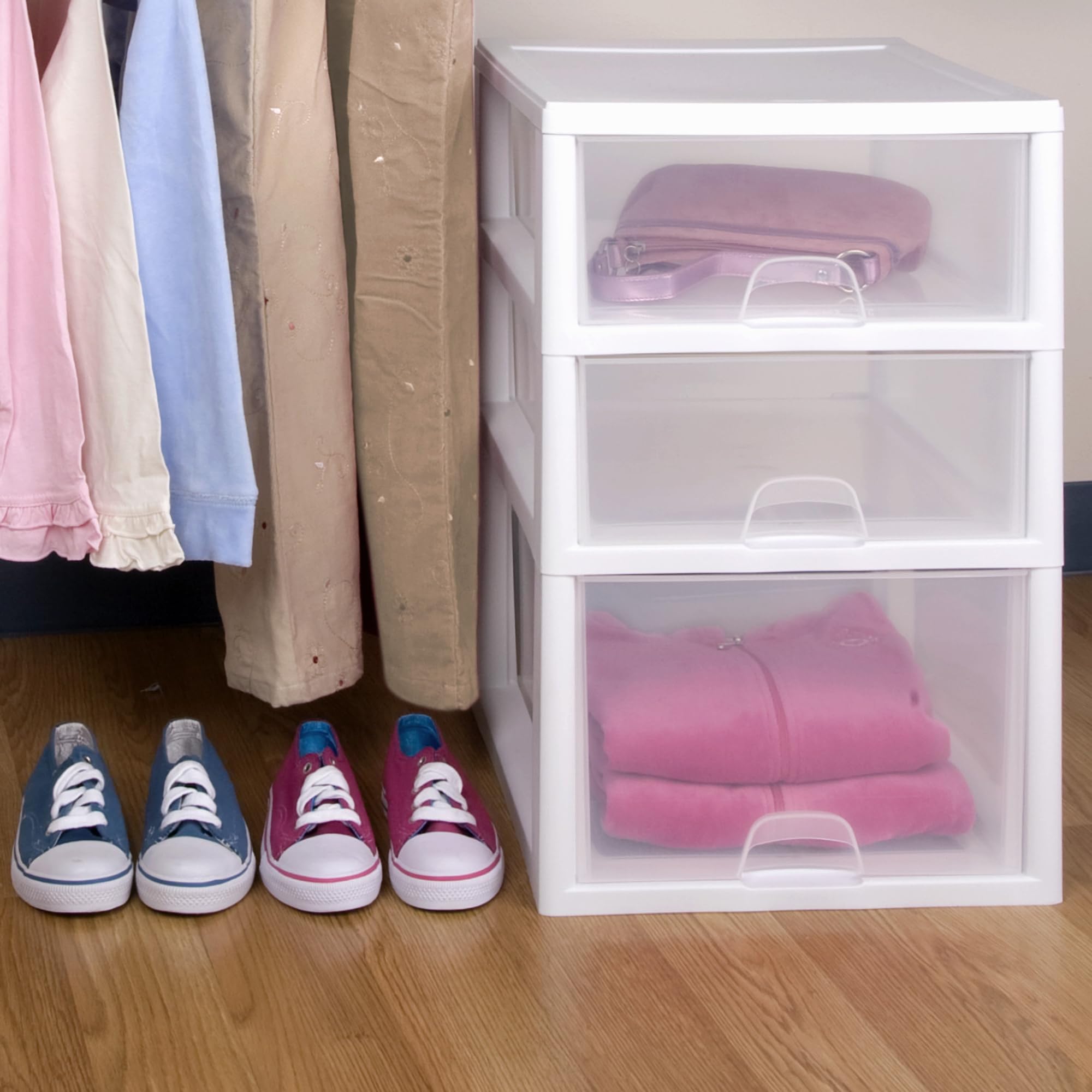 Sterilite 12-Pack Clear Plastic Stackable Drawers - 16 Quart Storage Bins with White Frame for Closet, Bedroom & Office Organization | Space-Saving Home Organizer Solution