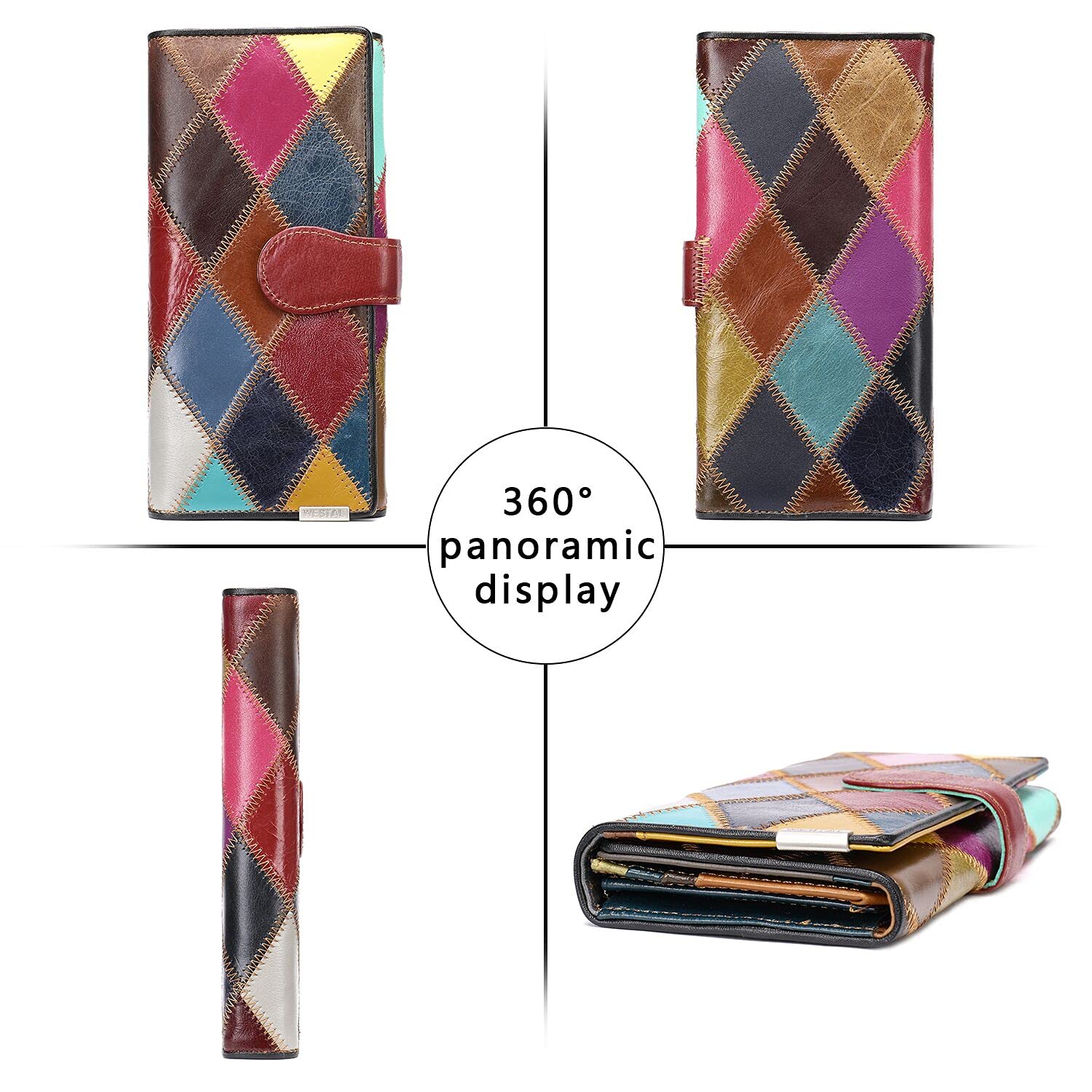 MASIWEI Genuine Leather Women's Wallet - Multicolor Patchwork Credit Card Holder with Zip Coin Purse for Daily Use