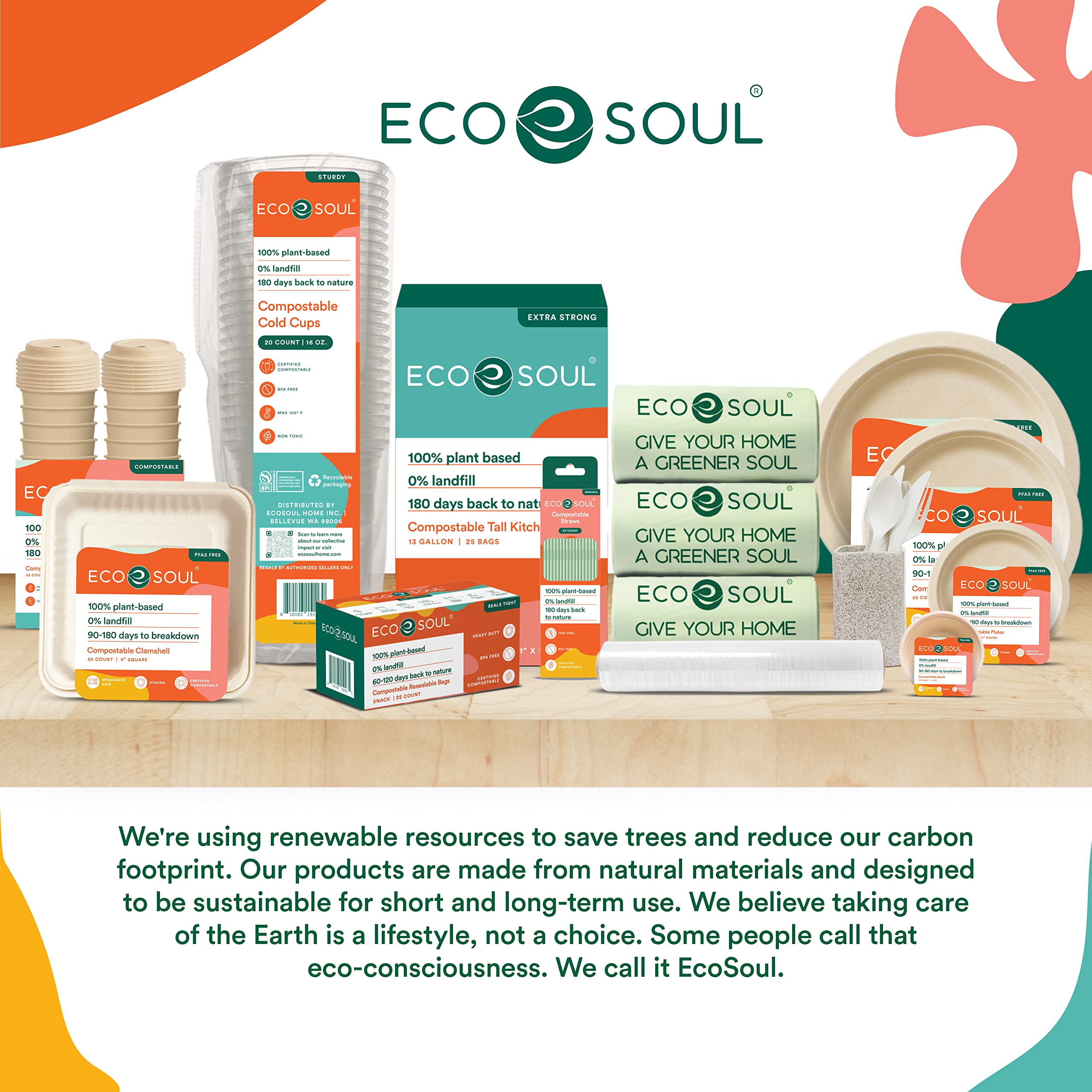 ECO SOUL Premium Compostable Knife Set - 100% Eco-Friendly Disposable Cutlery (Pack of 50) | Strong & Durable Biodegradable Utensils for Picnics, Parties & Outdoor Dining