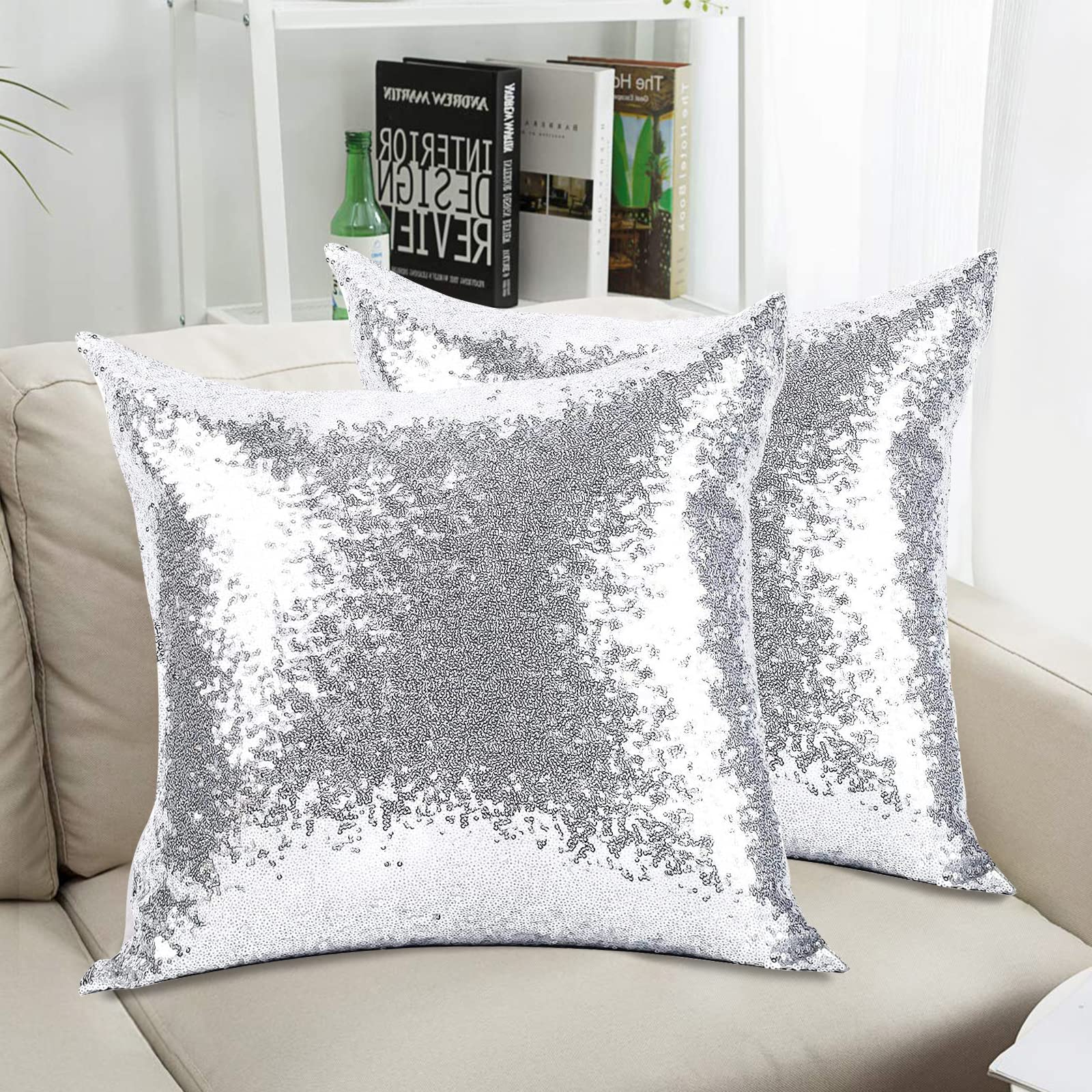 2PCS Silver Sequin Decorative Throw Pillows 18x18 Inch - Glitter Square Solid Pillow Covers with Hidden Zipper for Home, Bedroom, Living Room, Wedding & Party Decor - Perfect for Sofa, Couch and Home Styling