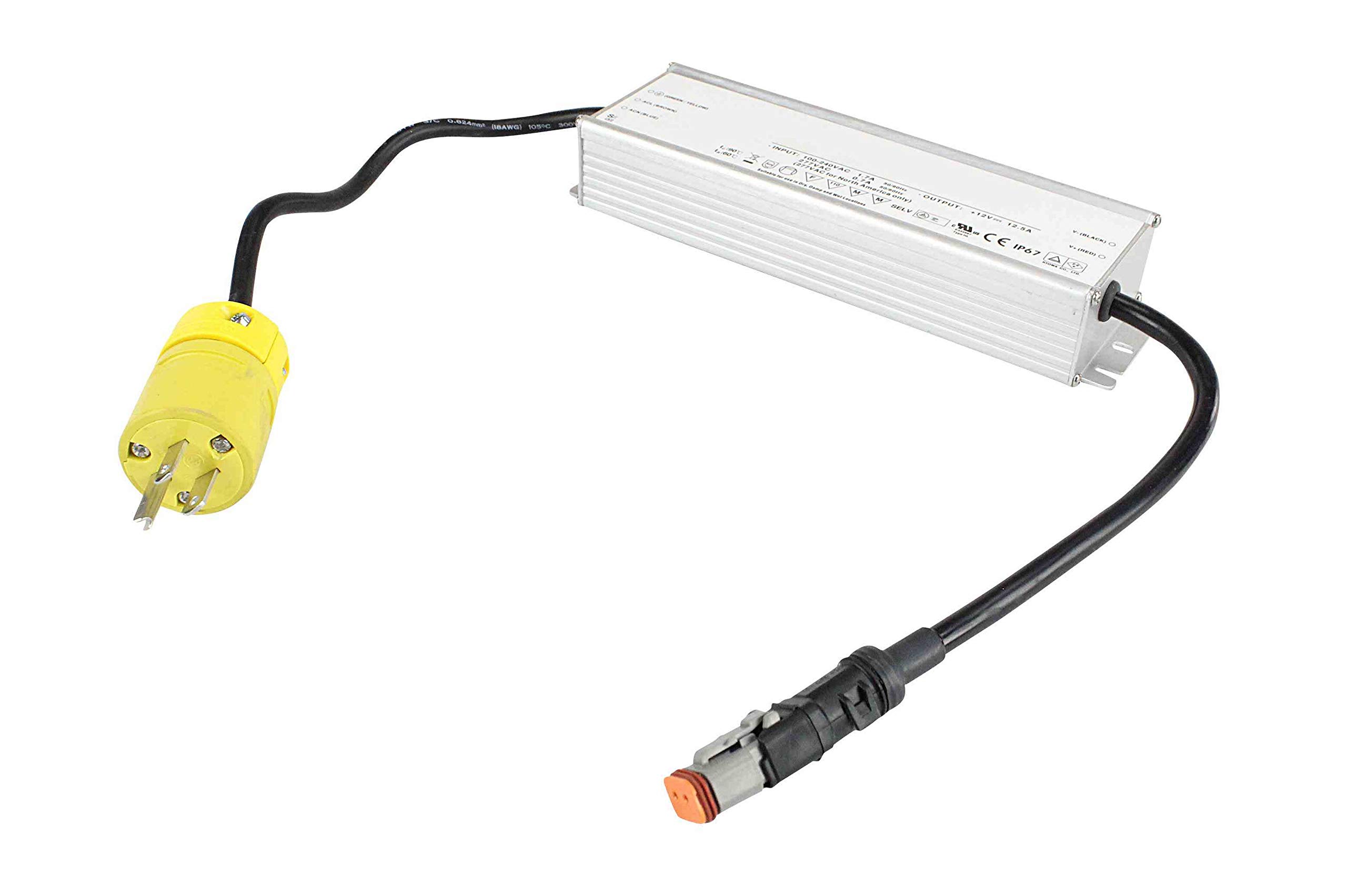 Waterproof 100V-277V AC to 12V DC Transformer - 11A Max Output, IP67 Rated with Straight Blade Wall Plug & 2-Prong Deutsch Connector - Compatible with Golight Series Spotlights for Marine, RV & Off-Road Lighting Applications