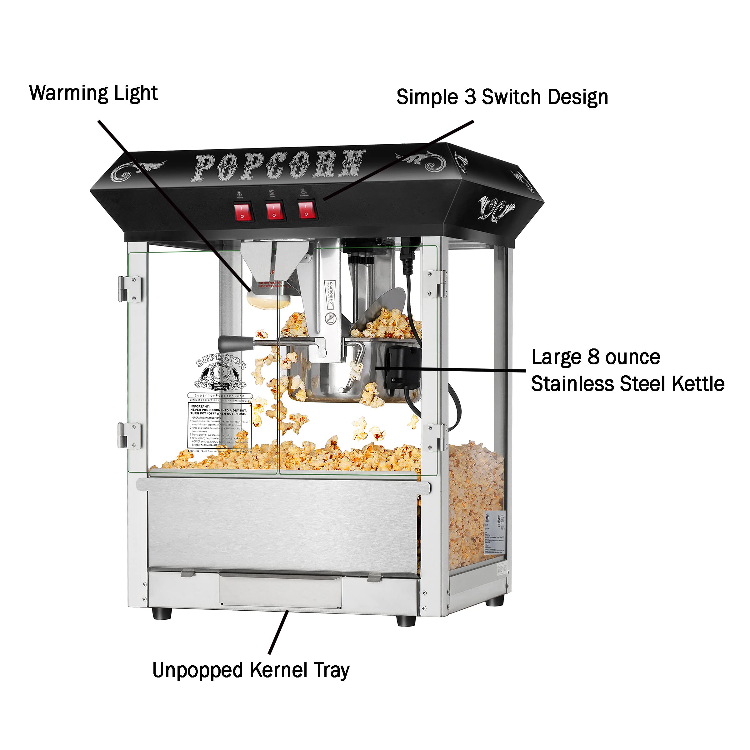 Premium 8oz Hot & Fresh Popcorn Maker Machine - Commercial & Home Use, Perfect for Movie Nights, Parties & Snack Bars - Black