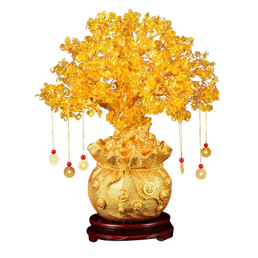 HEALLILY Yellow Crystal Money Tree - Feng Shui Bonsai with Citrine Gemstones for Wealth, Prosperity & Good Luck | Home Office Decor, Meditation Gift & Positive Energy Enhancer