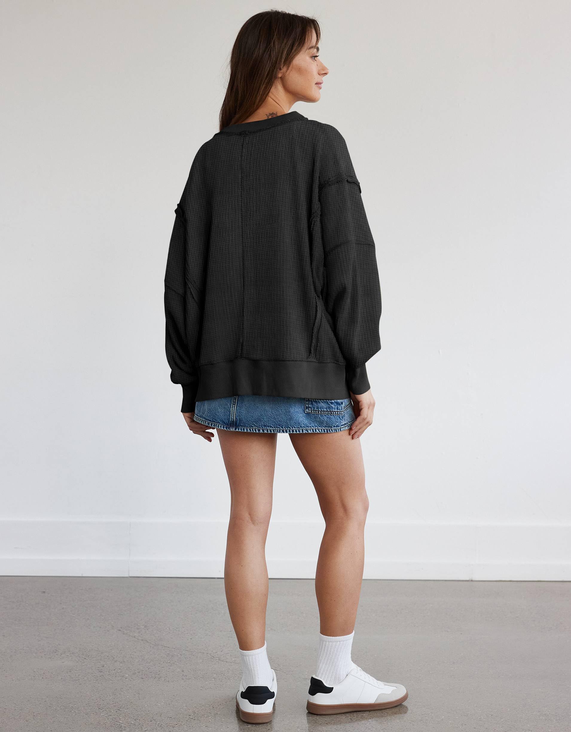 Miduo Women's Oversized Waffle Knit Sweatshirt - V Neck Long Sleeve Pullover with Reverse Seam & Side Splits | Cozy Casual Loungewear for Fall & Winter | Perfect for Home, Office & Weekend Outings