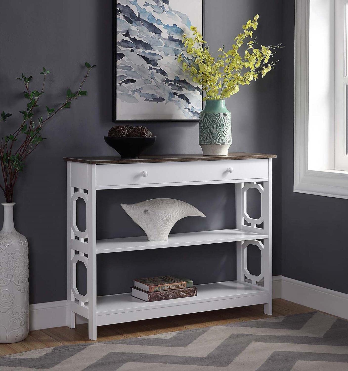 Convenience Concepts Omega 1-Drawer Console Table - Driftwood Top & White Frame - Entryway Sofa Table for Living Room, Hallway, or Bedroom Decor