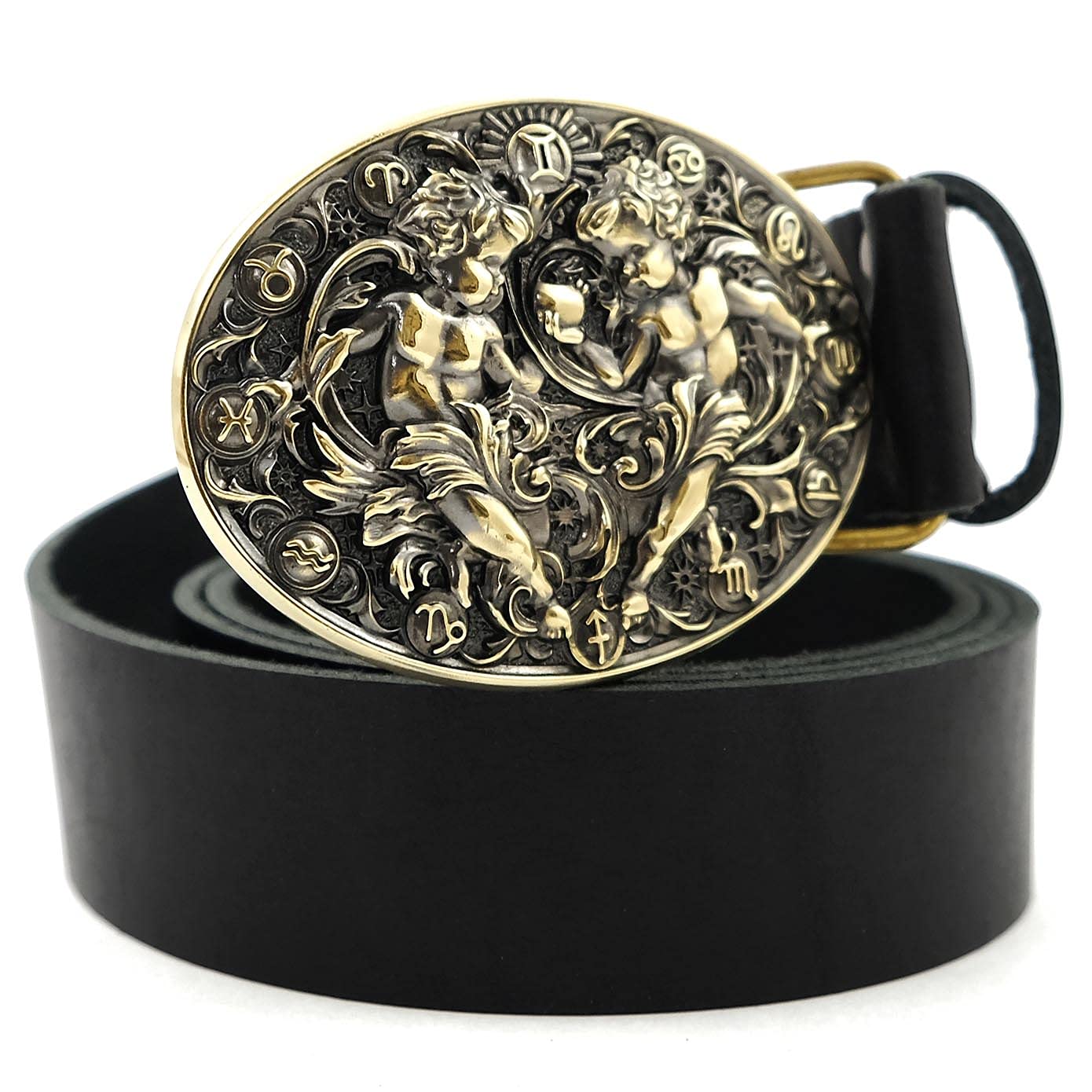 Gemini Zodiac Sign Leather Belt for Men & Women - Solid Brass Horoscope Astrological Buckle | Fashion Accessory for Daily Wear, Gifts & Astrology Enthusiasts