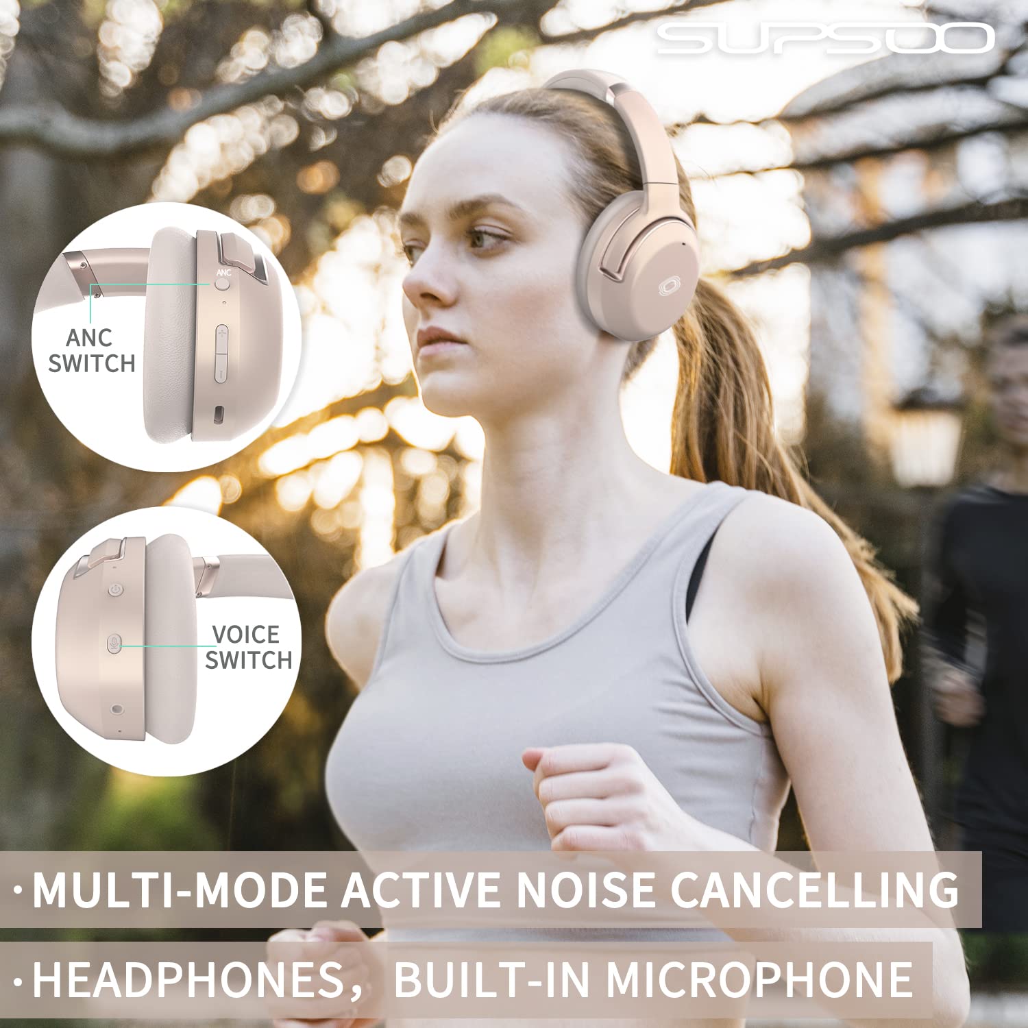 Wireless Over-Ear Headphones with Active Noise Cancelling, Bluetooth 5.0, Built-in Mic - 80H Playtime, Hi-Fi Stereo Sound for PC, Phone, Home Office - Perfect for Travel, Work & Gaming (Rose Gold)