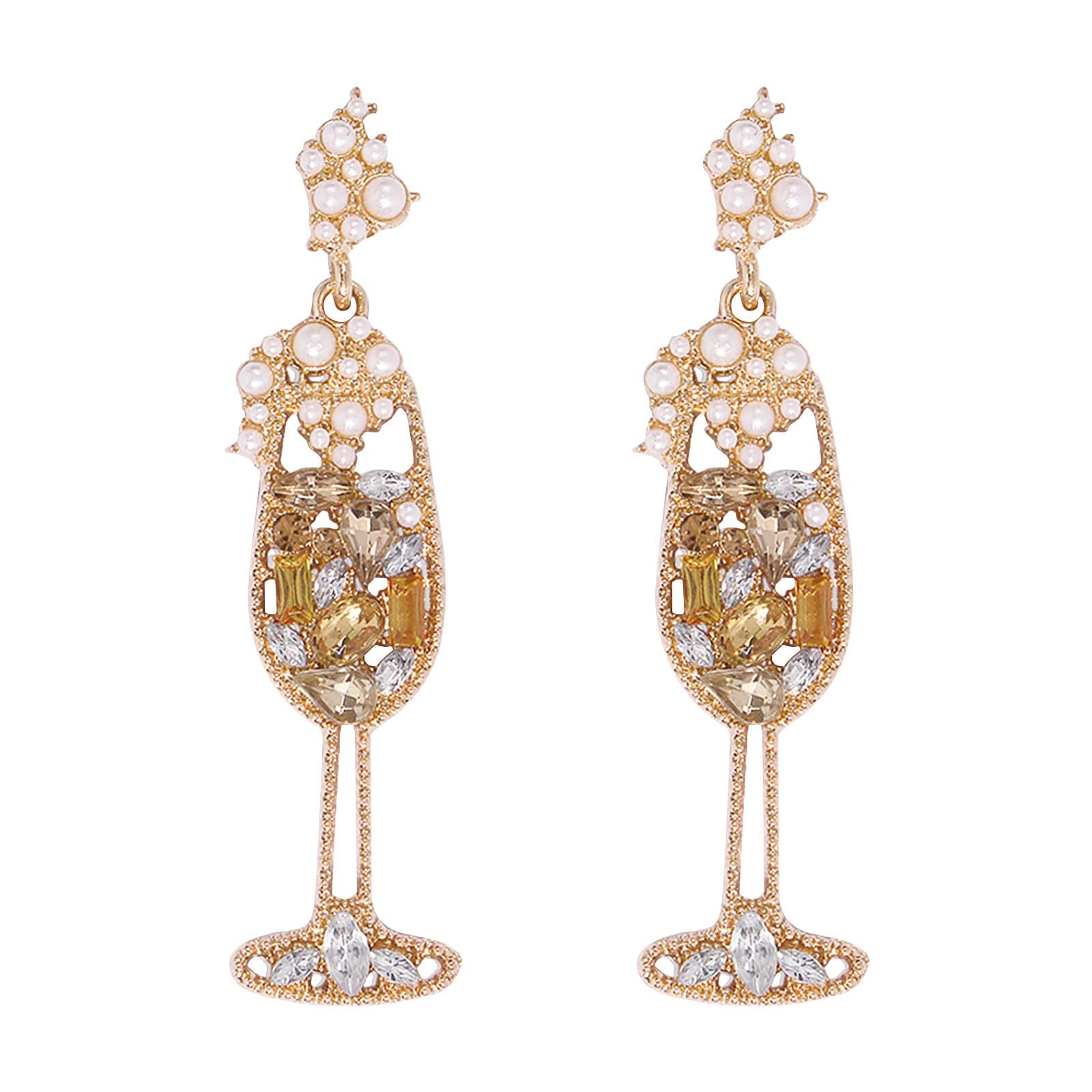 Sparkling Champagne Crystal Drop Dangle Earrings for Women - Pearl & Rhinestone Post Jewelry - Perfect for Wine Tasting, Parties & Evening Events
